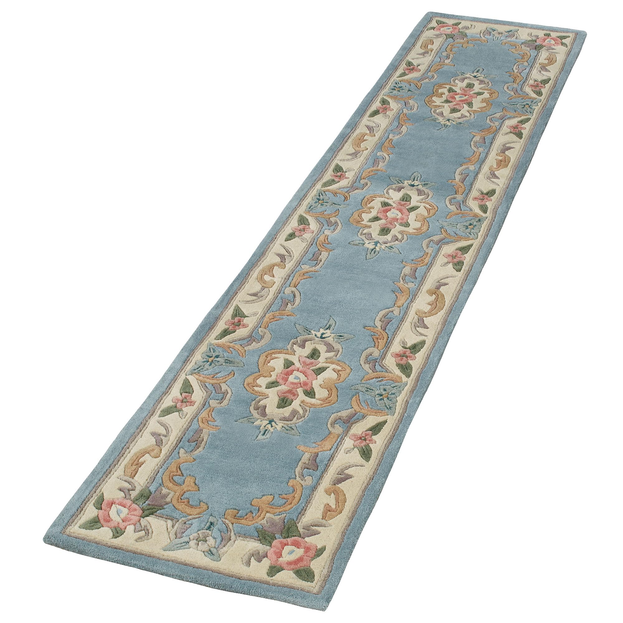 Traditional Floral Serena Aubusson II Runner Rug | 2 feet 3 inches x 11 feet | Parisian Light Blue | Handcarved, Hand-tufted, Luster Washed, Thick
