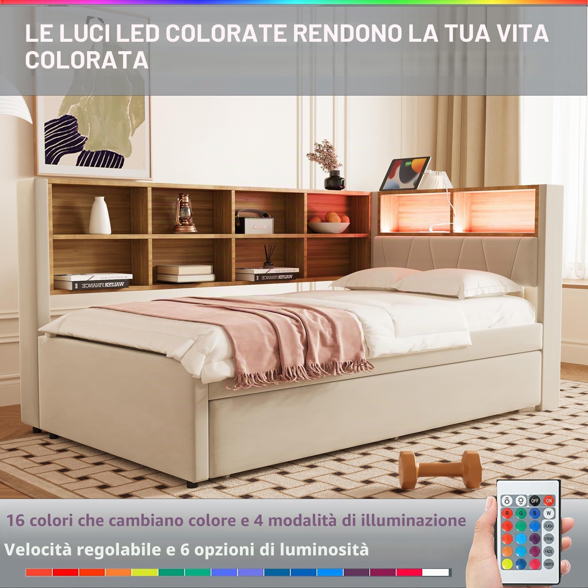 Divano letto 90 x 200 cm, letto estraibile 90 x 190 cm, dotato di LED e numerosi scomparti portaoggetti, letto imbottito, divano letto multifunzione, letto singolo, doppio, flanella (beige