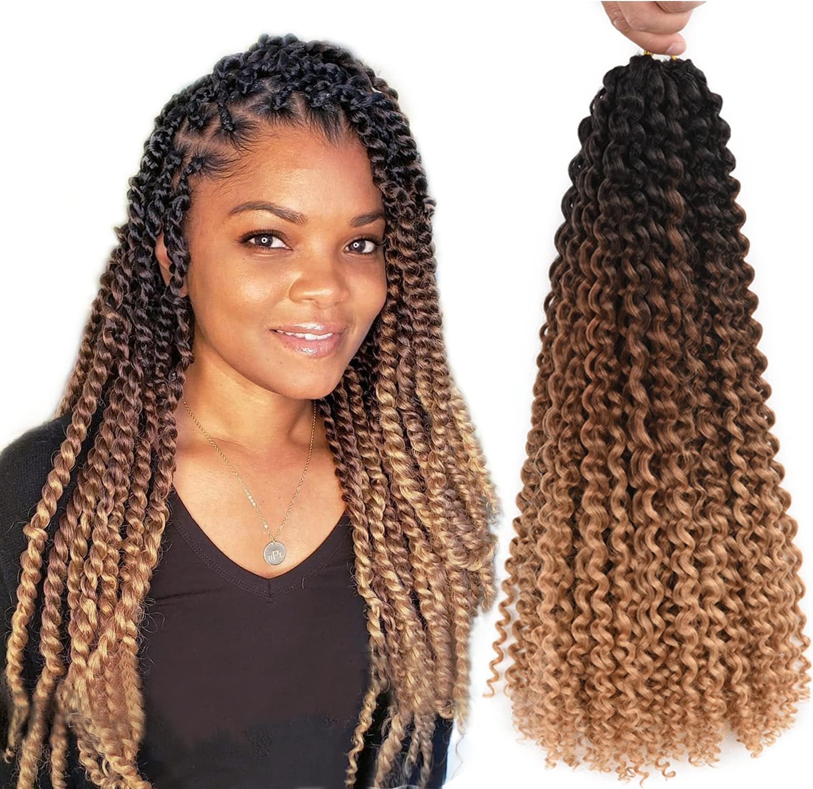 Ombre Passion Twist Hair Water Wave Long Bohemian Curly Crochet Braids For Bomb Twists Goddess Locs Synthetic Braiding Hair Extensions For Black Woman 6 Packs (18inch, Black-dark brown-light brown)