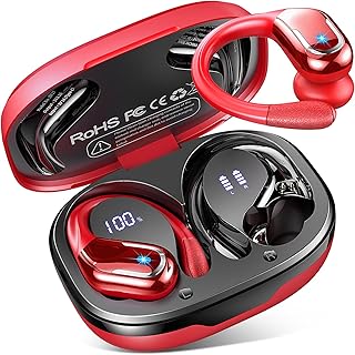 سماعات أذن لاسلكية 75H بلوتوث 5.4 رياضية مع ميكروفون اي ان سي، بصوت ستيريو مع خاصية إلغاء الضوضاء، سماعات لاسلكية مقاومة للماء بمعيار IP7 مع خطافات للأذن، بشاشة ال اي دي لرياضة الجري بلون أحمر