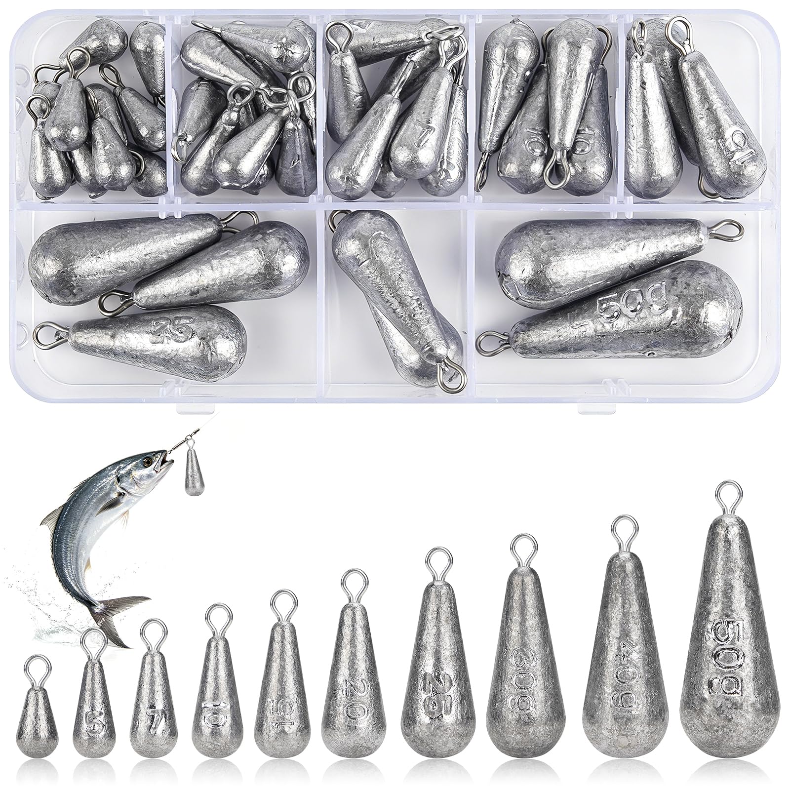 40 Pcs Small Fishing Weights, Iron Fishing Sinkers Weights with Swivel Mixed 10 Sizes 3.5g 5g 7g 10g 15g 20g 25g 30g 40g 50g with Box for River, Saltwater & Freshwater, Mackerel