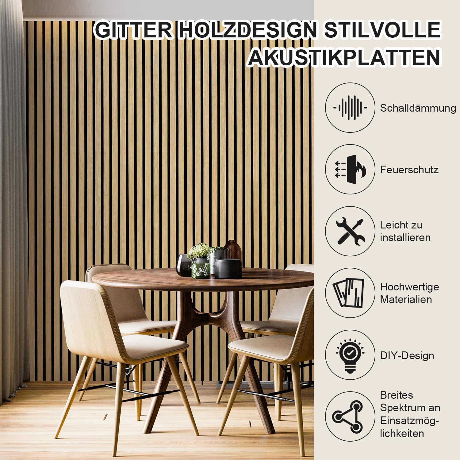 Drewniane panele akustyczne 120 x 60 cm (= 1 sztuka), panele ścienne 3D o wyglądzie drewna, dla lepszej akustyki pomieszczenia, panele ścienne z drewna do biura, dąb