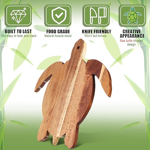 Miniatura 2 de Tabla de cortar de madera de acacia con tortugas marinas, tabla de pan de madera de 14 x 12 pulgadas, plato de queso para servir charcutería para