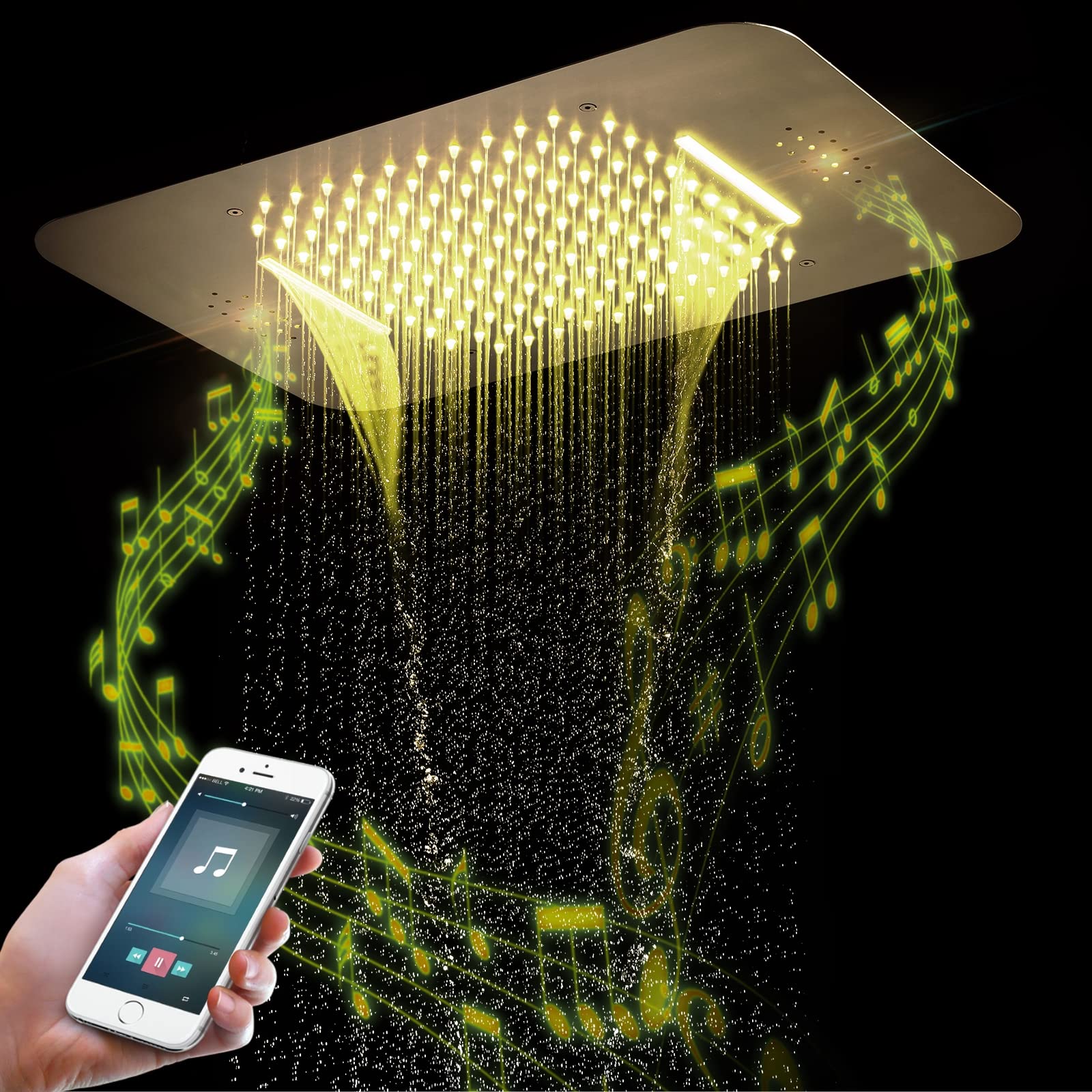 Soffione Doccia LED Musica, Oro Spazzolato 2 Funzioni Soffione Doccia a Pioggia 304 Acciaio Inox Docce Fisse 64 Colore Soffione Doccia Fisso Grande Testa Doccia, 58×38cm,Touch Control