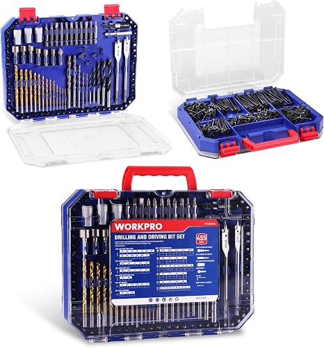 WORKPRO Drill Bit Set, 455Pcs Drill Bits and Screwdriver Bit Set w/Screws | Clear-Lid Case, Twist Drill Set, Driver Bits Set, 1/4" Hex Shank, Nut Driver Set for Wood Metal Masonry Cement Concrete