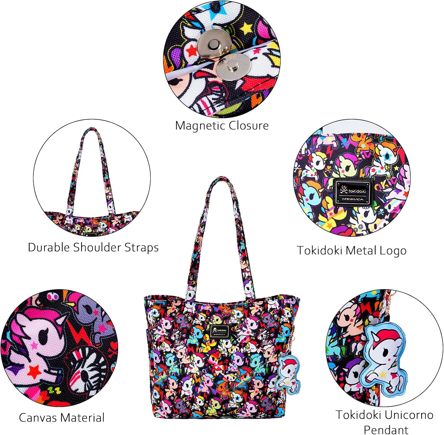 Tokidoki Unicorno Tote Bag Shoulder Bag Canvas Purses for Women Cute Shopper Bag Handbag Travel Purse Charm - Image 3