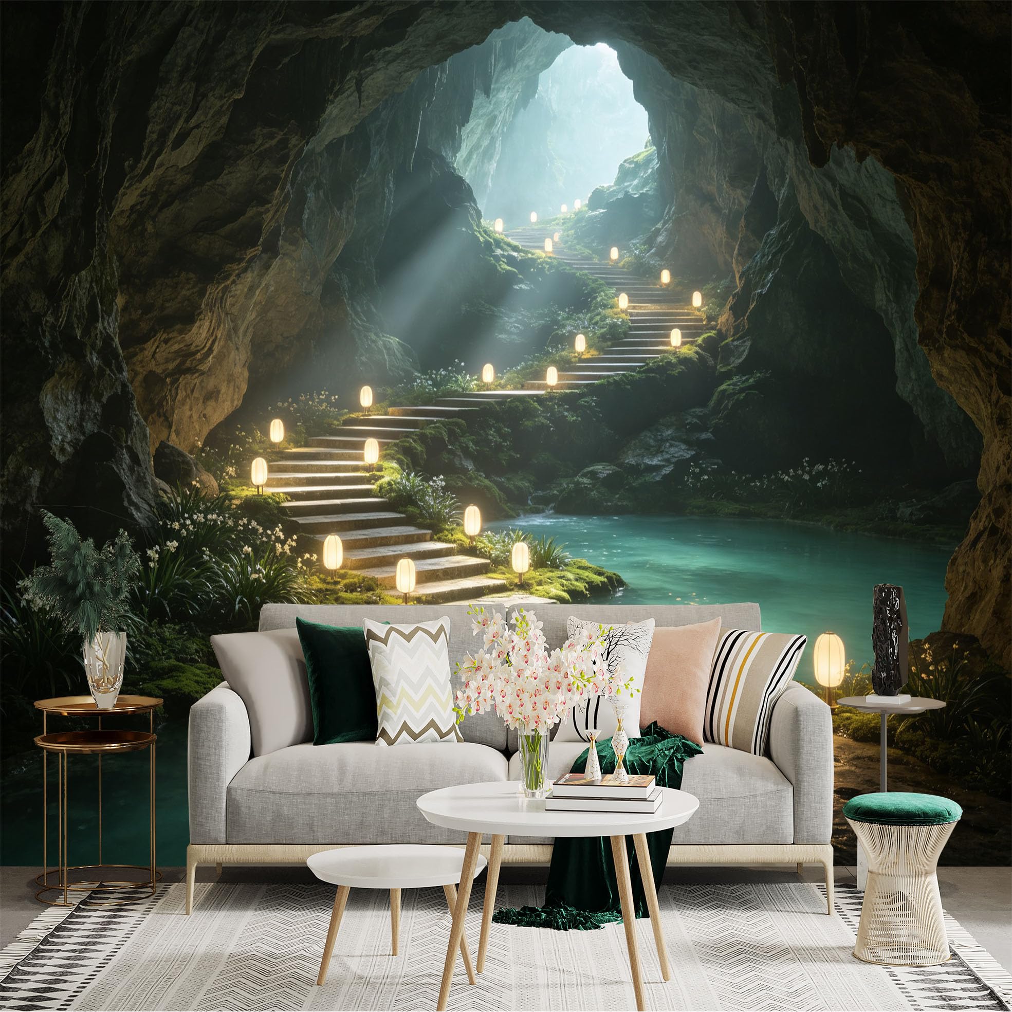 Custom Size Wall Sticker Mural， Enchanted Cave with Glowing Lanterns， Stone Stairs and Serene Underground Lake， for wall Decoration， peelandstick wall Decals.