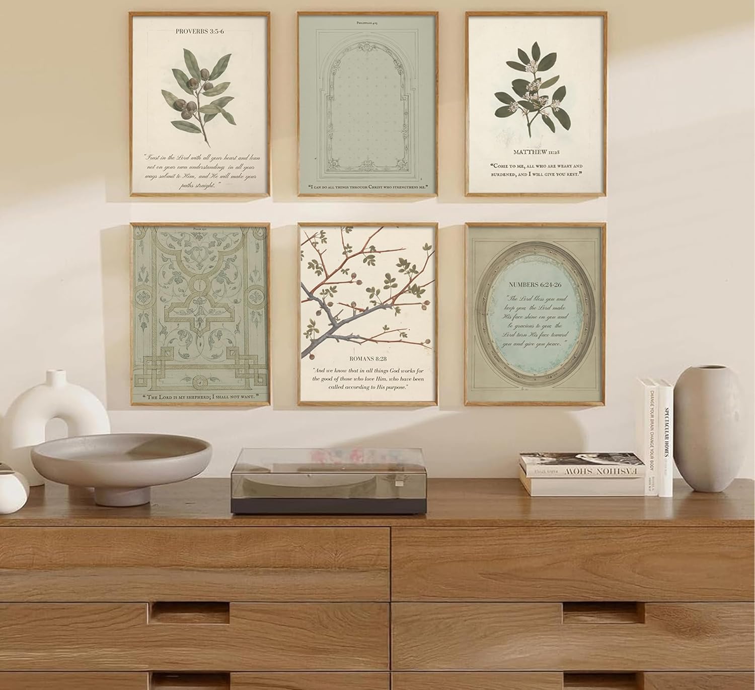 Sage Green Christian Wall Art Vintage Green Bible Paintings Decor Botanical Scripture Religious Poster Prints Artwork for Living Room Family Prayer Room Scene Home Decoration 8x10x6 Inch Unframed