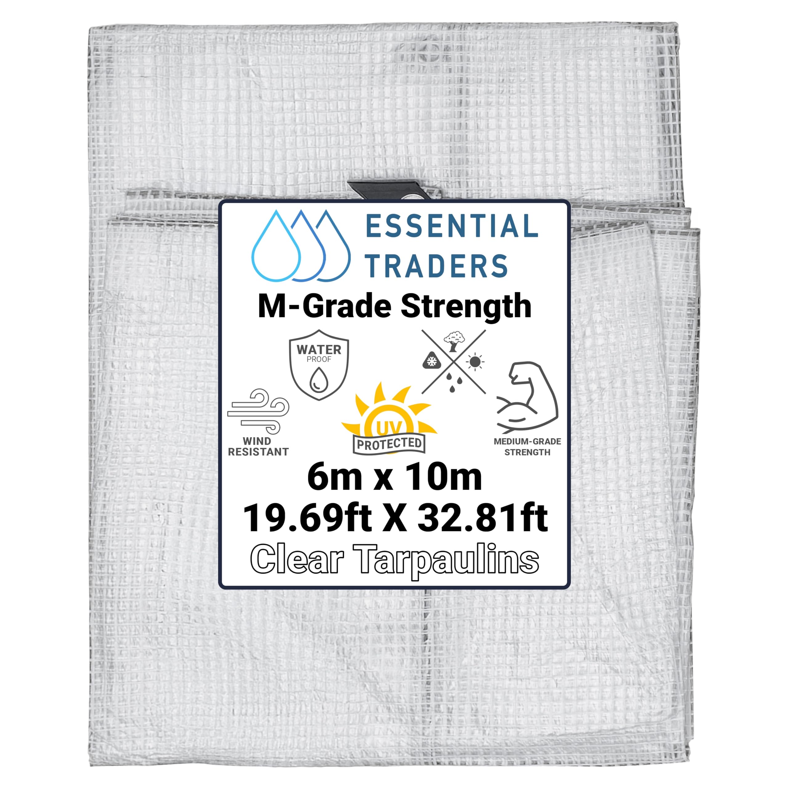 Clear Monotex Heavy Duty Tarpaulin, 100gsm Waterproof Ground Cover Multipurpose Furniture, Caravan, Vehicle, Tool, Camping & Shed Mono Sheet, Medium Weight Reinforced Cotton Mesh (6m x 10m)