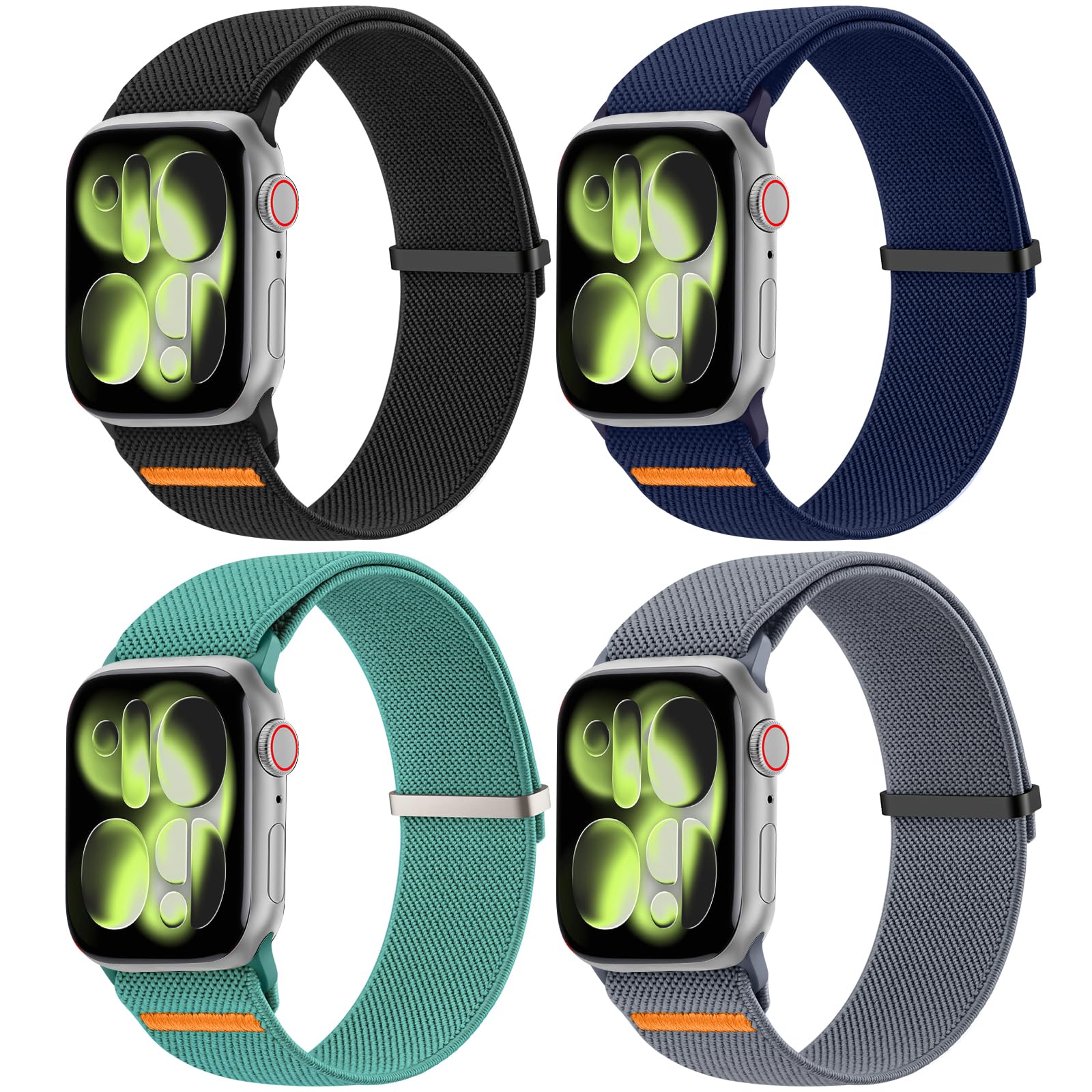 4 Pack Braided Solo Loop Strap for Apple Watch Straps 42mm 44mm 45mm 46mm 49mm, Adjustable Nylon Stretchy Elastic Sport Band for iWatch Series 11 10 9 8 7 6 5 4 3 2 1 SE Ultra, Women Men 4-PACK 01