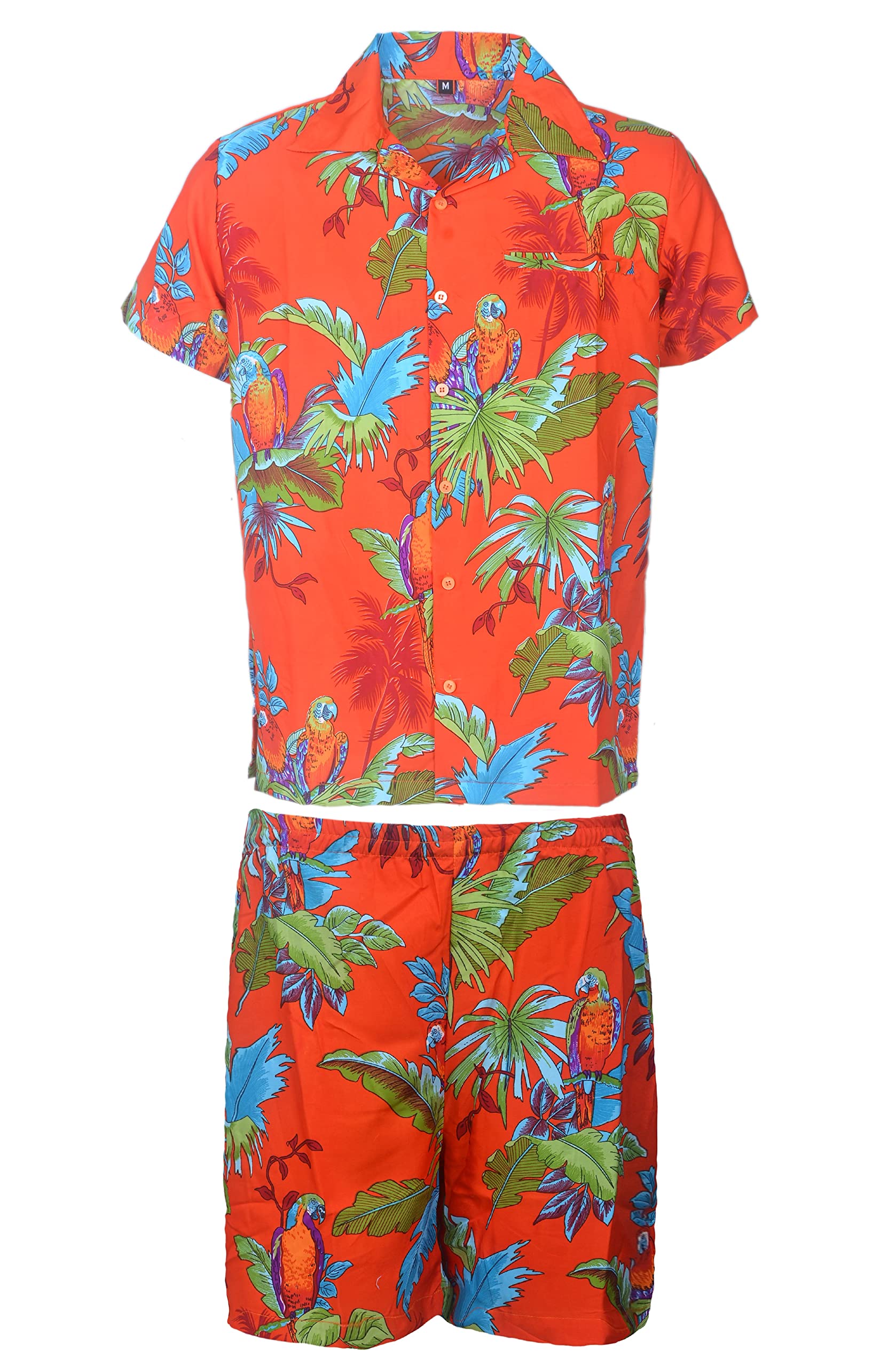 KIKLO Mens Hawaiian STAG Beach Hawaii Aloha Party Summer Holiday Fancy Shirt and Short Set (O PARROT SET, S)