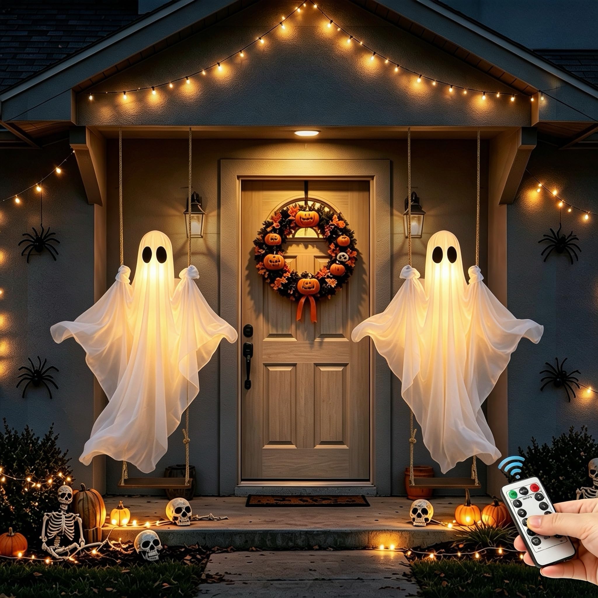 2 Pack Halloween Decorations Outdoor – Hanging Swing Ghost 4-8FT | Spooky hanging ghost for porch, lawn, garden. Remote with timer. Perfect for Halloween party.