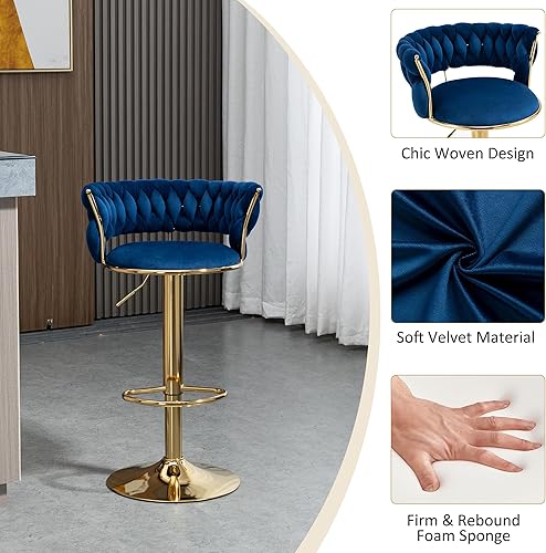 Miniatura 4 de Tmsan Juego de 2 taburetes de bar giratorios de terciopelo, taburetes de bar ajustables con altura de mostrador, sillas de bar tejidas modernas para