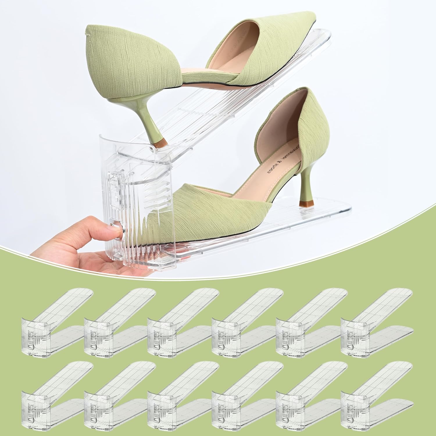 12-Pack Shoe Slots Organizer for Closet, Adjustable Shoe Stacker & Space Saver, Clear Double Deck Shoe Storage for Small Spaces, Transparent