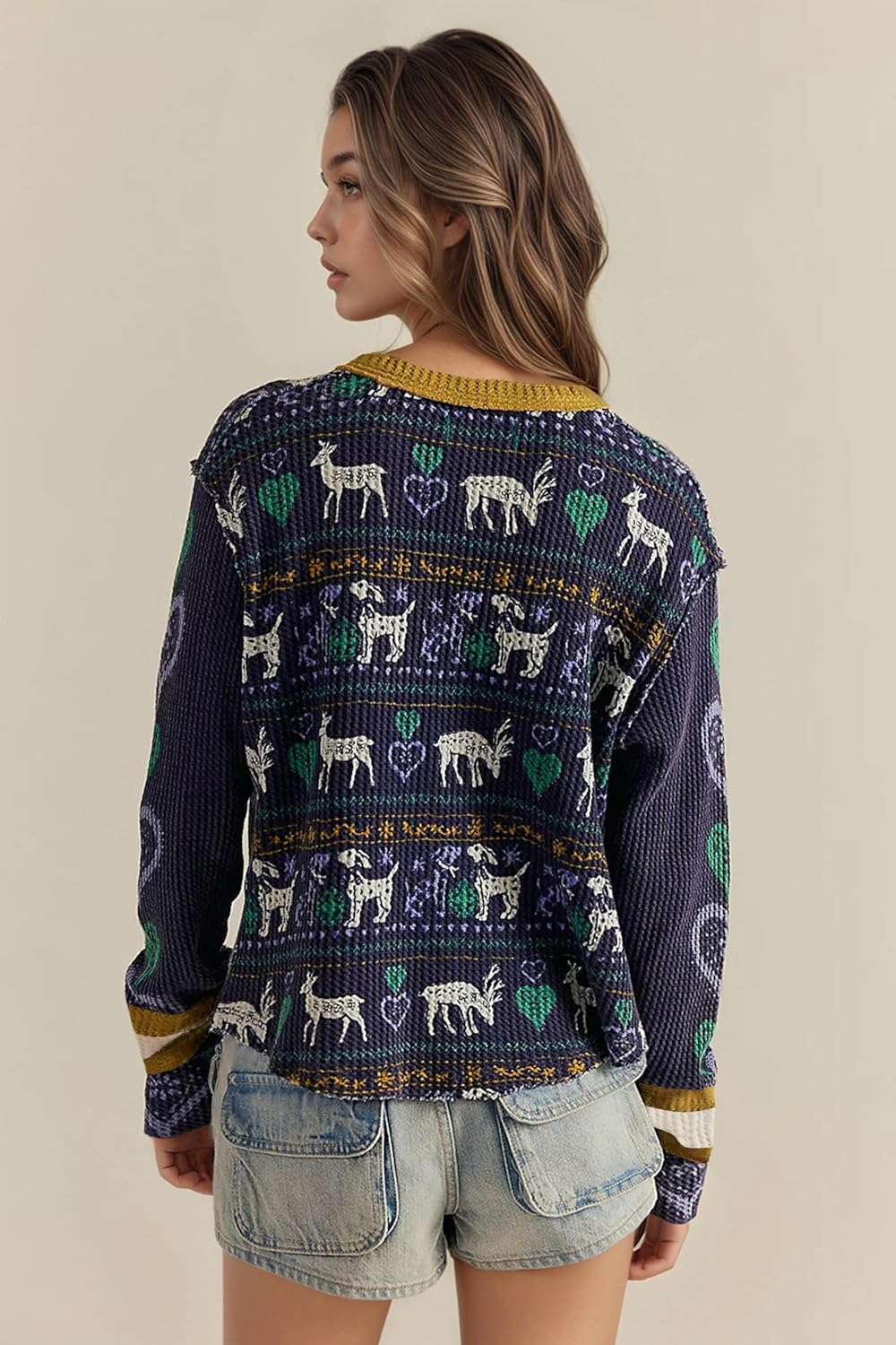 MISSACTIVER Women Waffle Knit Printed Shirts Fall Causal Y2K Pullover Tshirts Crewneck Long Sleeve Slim Fitted Going Out Tops - Image 2