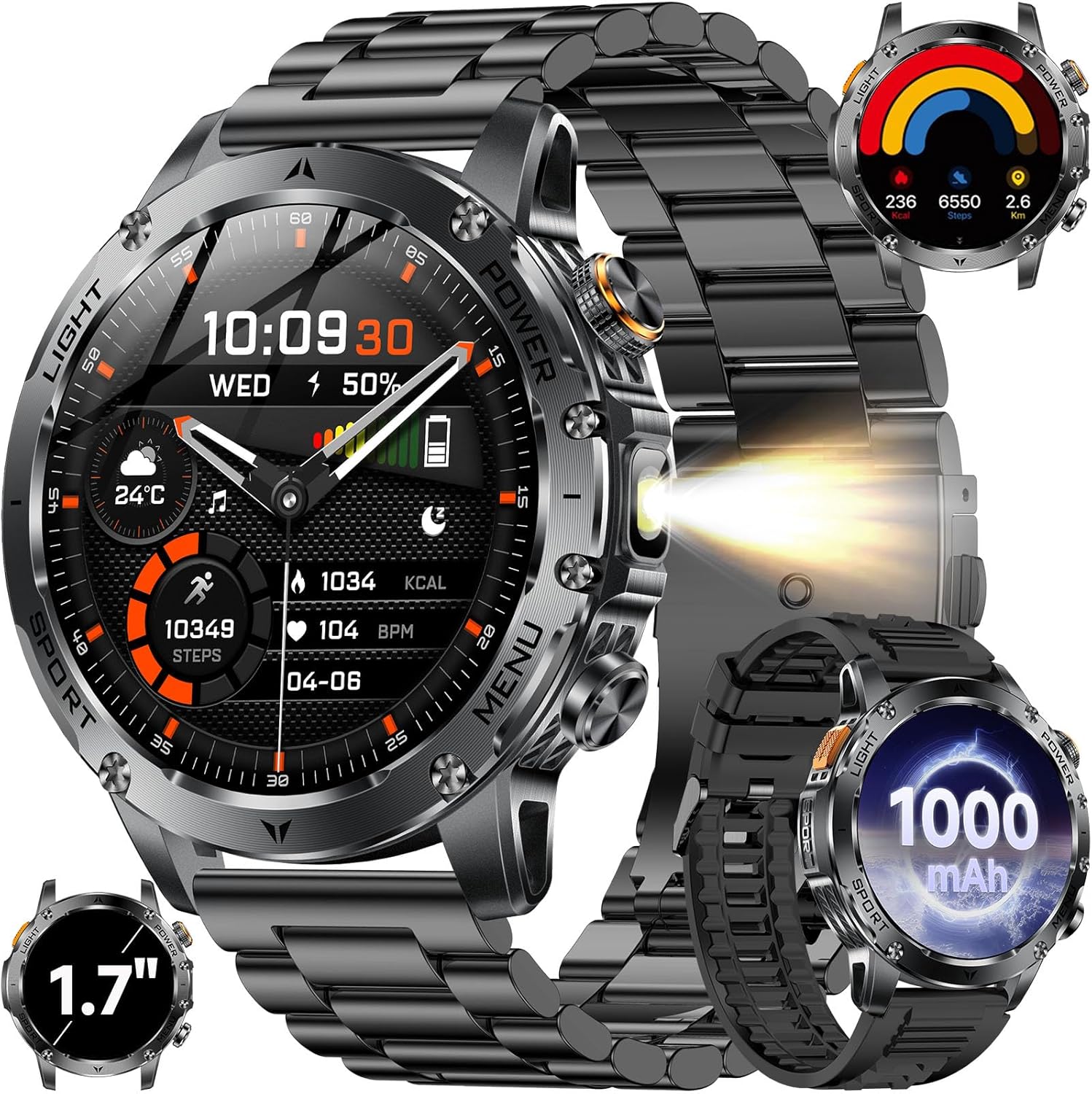 KPEP Military Smart Watches for Men with 2 Straps, 1000mAh Battery/LED Flashlight/IP67 Waterproof Smartwatch, Stress/Blood Oxygen/Heart Rate/Sleep Monitoring, Reminder, Fitness Tracker for iOS Android