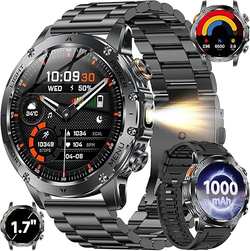Miniatura 10 de KPEP Military Smart Watches for Men with 2 Straps, 1000mAh Battery/LED Flashlight/IP67 Waterproof Smartwatch, Stress/Blood Oxygen/Heart Rate/Sleep