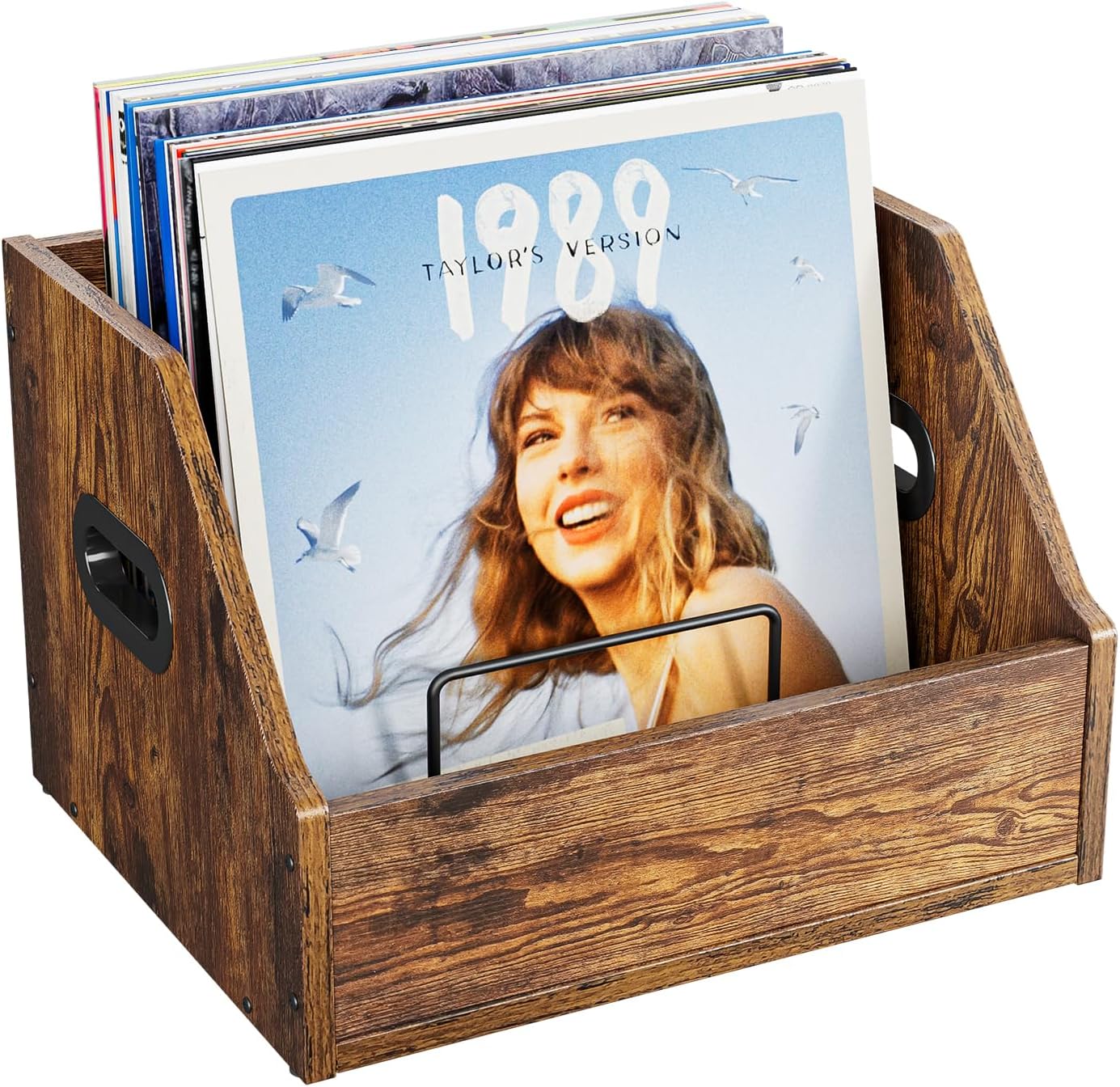 Wood Vinyl Record Storage with Separators,Records Holder Wooden Crates for 7/10/12 inch Vinyl Storage Box for Album Holder & Magazine Rack Organizer, Rustic Brown