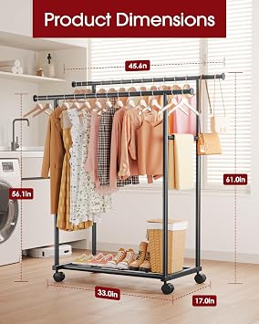 Sakugi Double Rods Clothes Rack - Metal Clothing Rack with Fixed Double Rods, Rolling Wheels & Built-In Shelf for Closet, Bedroom, Laundry Storage (45.6 x 17 x 61, Black)