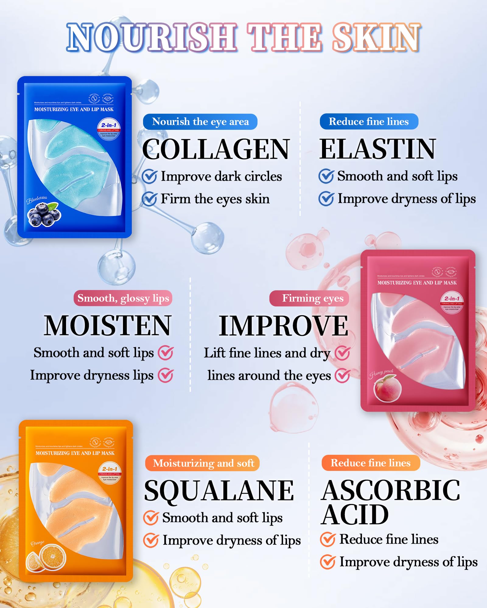 Lot de 8 Masques Yeux et Lèvres au Collagène, Cristal Pêche Patchs Améliorer les Cernes et Poches, Rides et Rides Fines, Masque Lèvres Hydratant, Kit Complet Soins Cadeau Femme Beaute - Set A