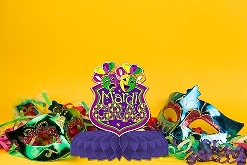 Miniatura 5 de Glodecart 8 piezas de centro de mesa de panal de Mardi Gras para decoración de fiesta del hogar, máscaras de carnaval, corona, centro de mesa para