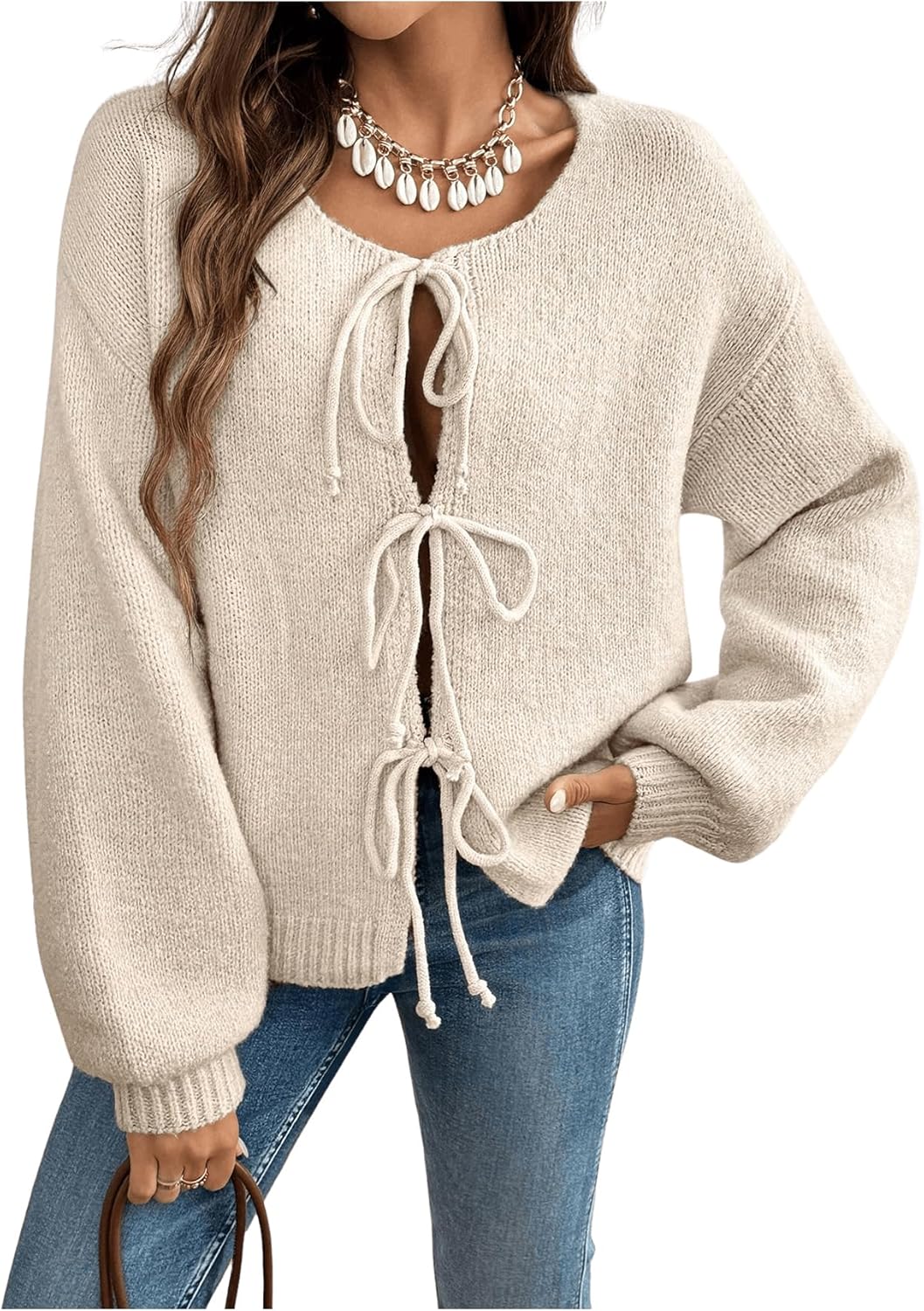 Verdusa Women's Bow Tie Front Drop Shoulder Long Sleeve Knit Cardigan Sweaters