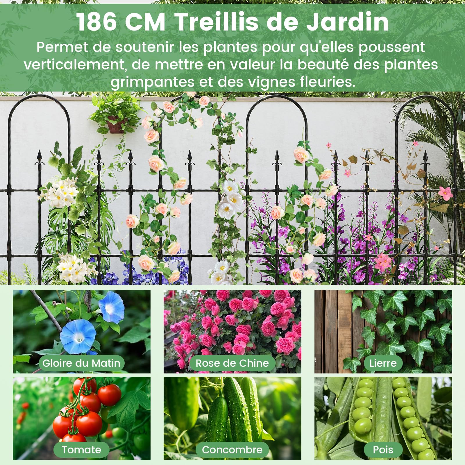 COSTWAY Treillis de Jardin pour Plantes Grimpantes 146 x 186 cm, Cadre de Support Extérieur en Métal Antirouille pour Lit de Jardin Surélevé, Clôture de Jardin Décorative pour Roses Tomates Lierre