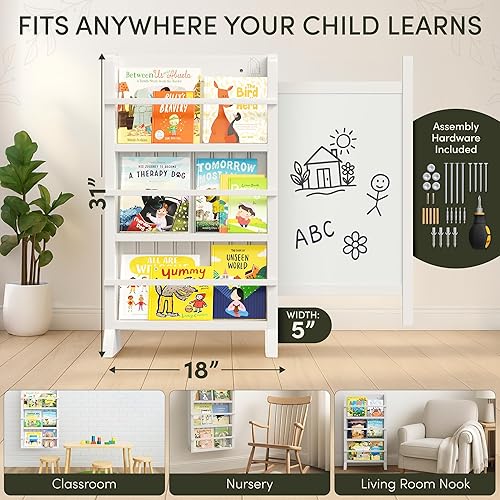 Miniatura 3 de Estantería blanca para niños, estante para libros para habitación de niños con muebles Montessori, pizarra blanca deslizante, marcadores de borrado