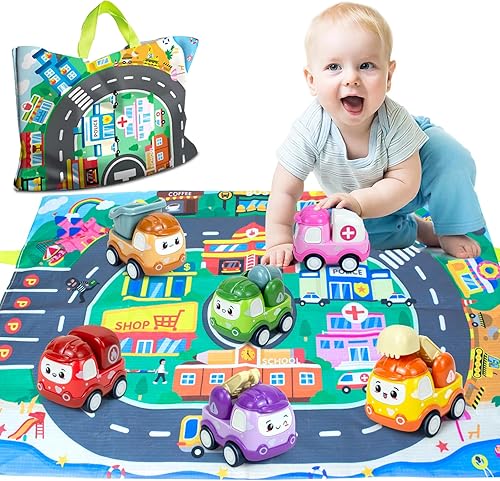 Juguete de auto para bebé con bolsa de almacenamiento de tapete de juego, 6 piezas de mini velos de fricción para bebés, regalos de primer