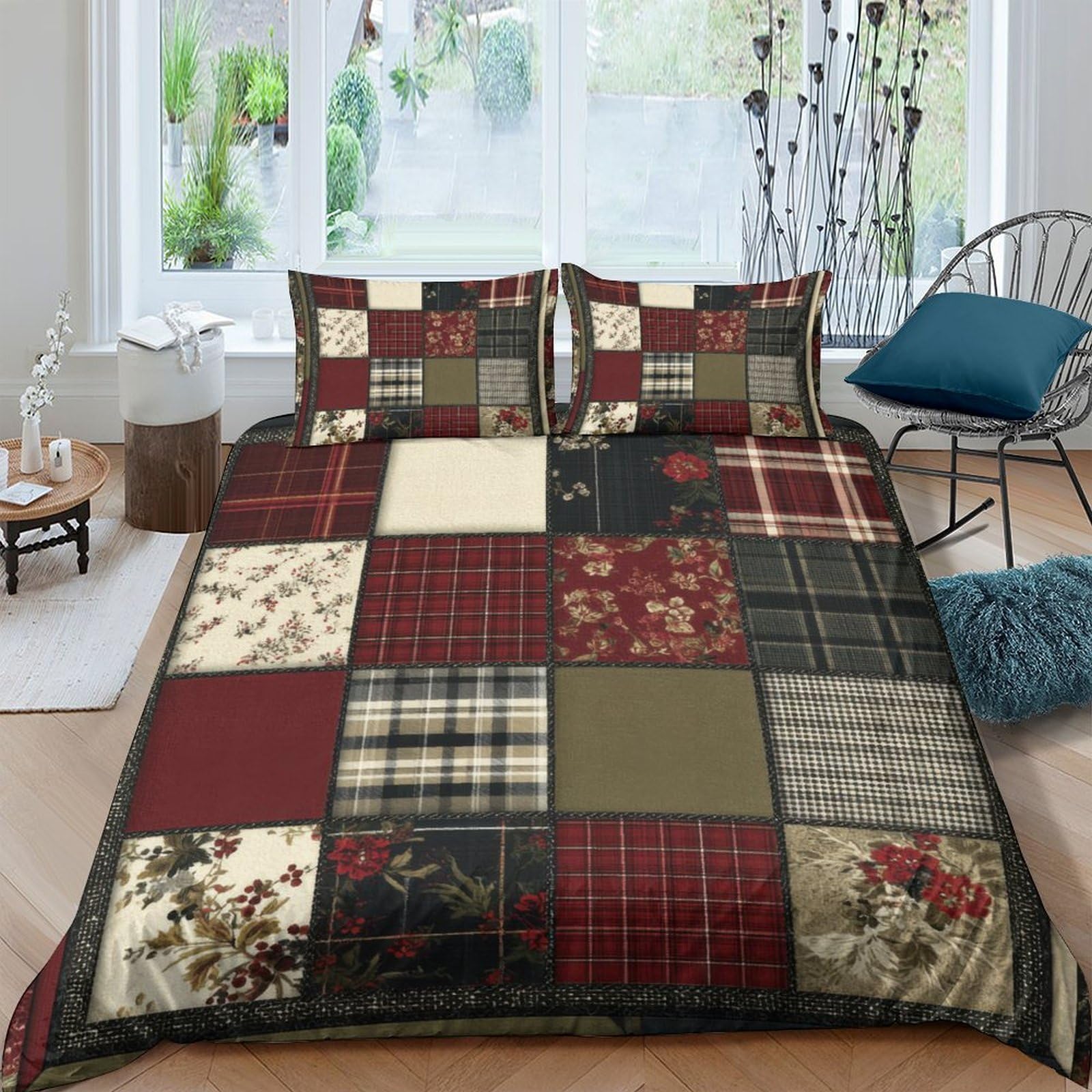GPLZQXKJNH 3D Printed Patchwork Plaid Duvet Cover Microfiber Soft Breathable Floral Bedding Set with 2 Pillowcases for Bedroom Decor Single（135x200cm）