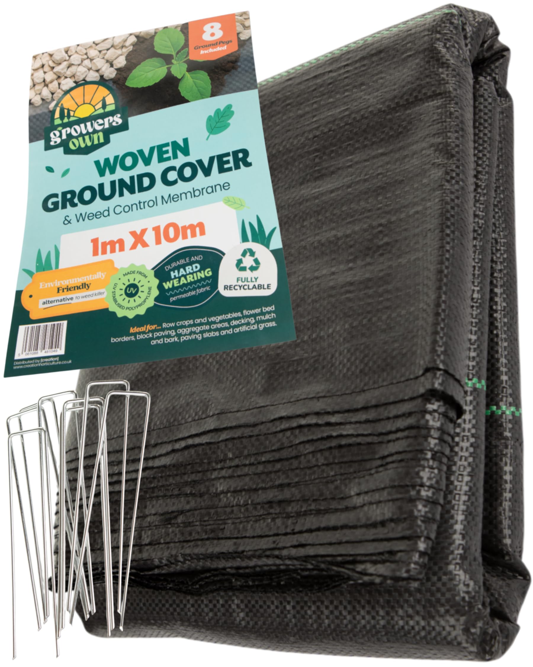 Growers Own Woven Ground Cover & Weed Control Membrane – 1m x 10m Heavy Duty & UV Stabilised Permeable Weed Barrier Fabric for Garden, Greenhouse, Mulching & More. 8 Ground Pegs Included. 1 Pack