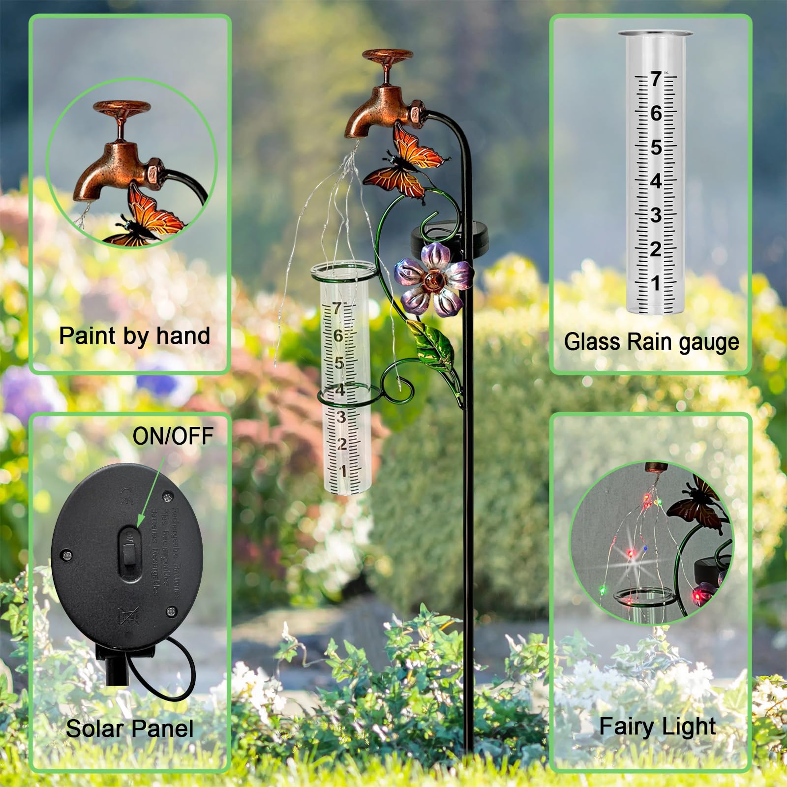 Glas-Regenmesser für den Außenbereich, Solarleuchten, Wasserhahnpfahl mit Regenmessern, fließendes Wasser, LED-Lichter, Pfahl für draußen, Hofkunst, Gartendekoration