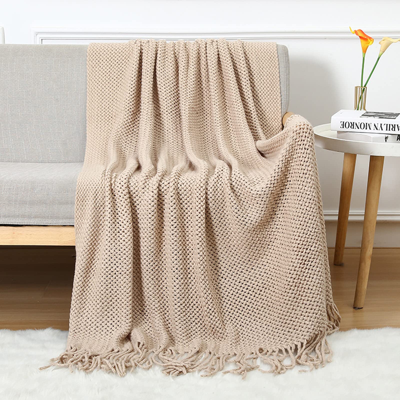 Lumisyne Khaki Knitted Throw Blanket With Tassel Breathable Cellular Blanket Nordic Style Soft Cozy Couch Cover Decorative Blanket For Sofa Bed Settee Armchair