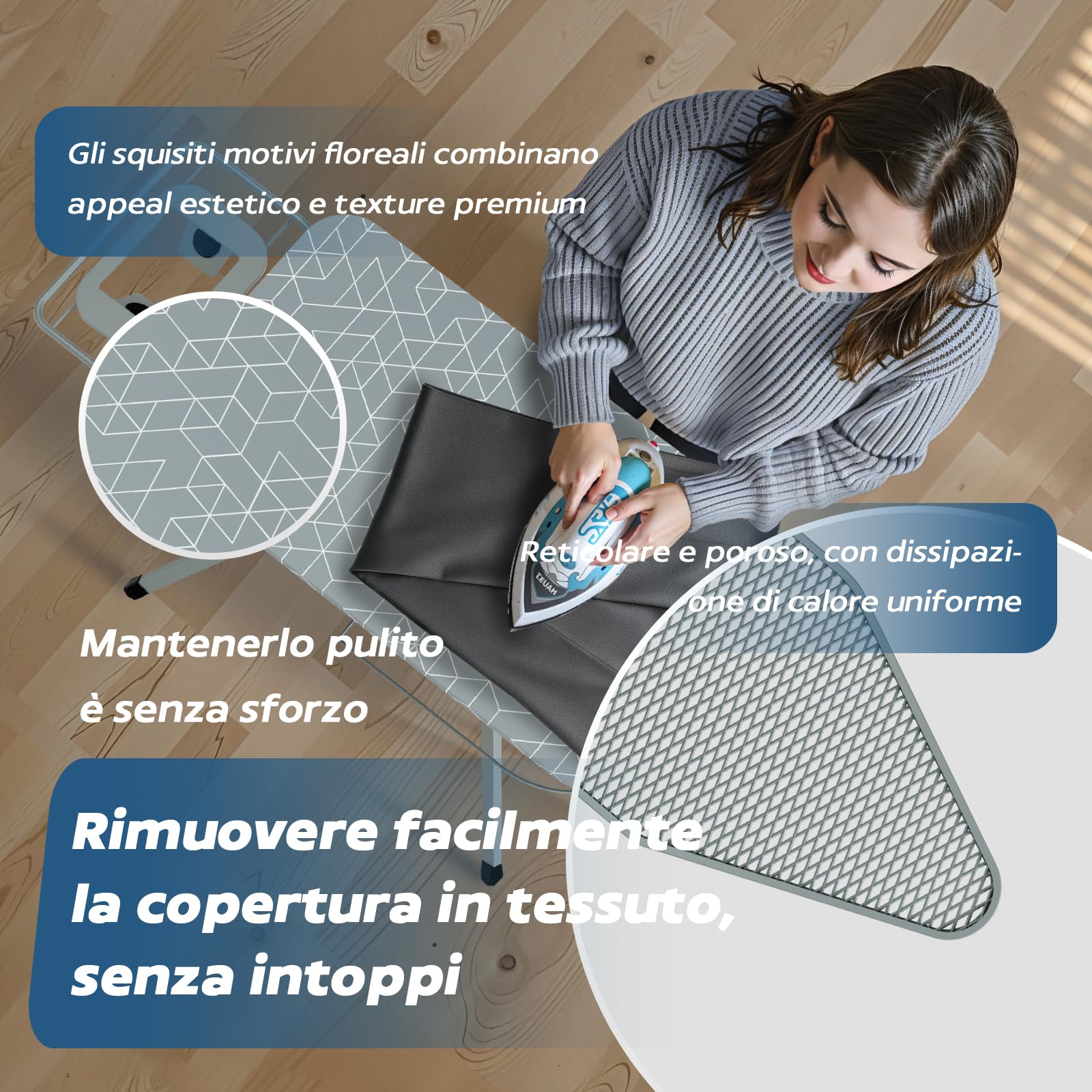 STANEW Table a Repasser 120 x 45 cm,Planche a Repasser Pliable,pour Centrale Vapeur,Système Anti-Fermeture,Hauteur Réglable,avec Housse en 100% Coton,Support de Fer Intégré, Pieds Antidérapants(Gris)