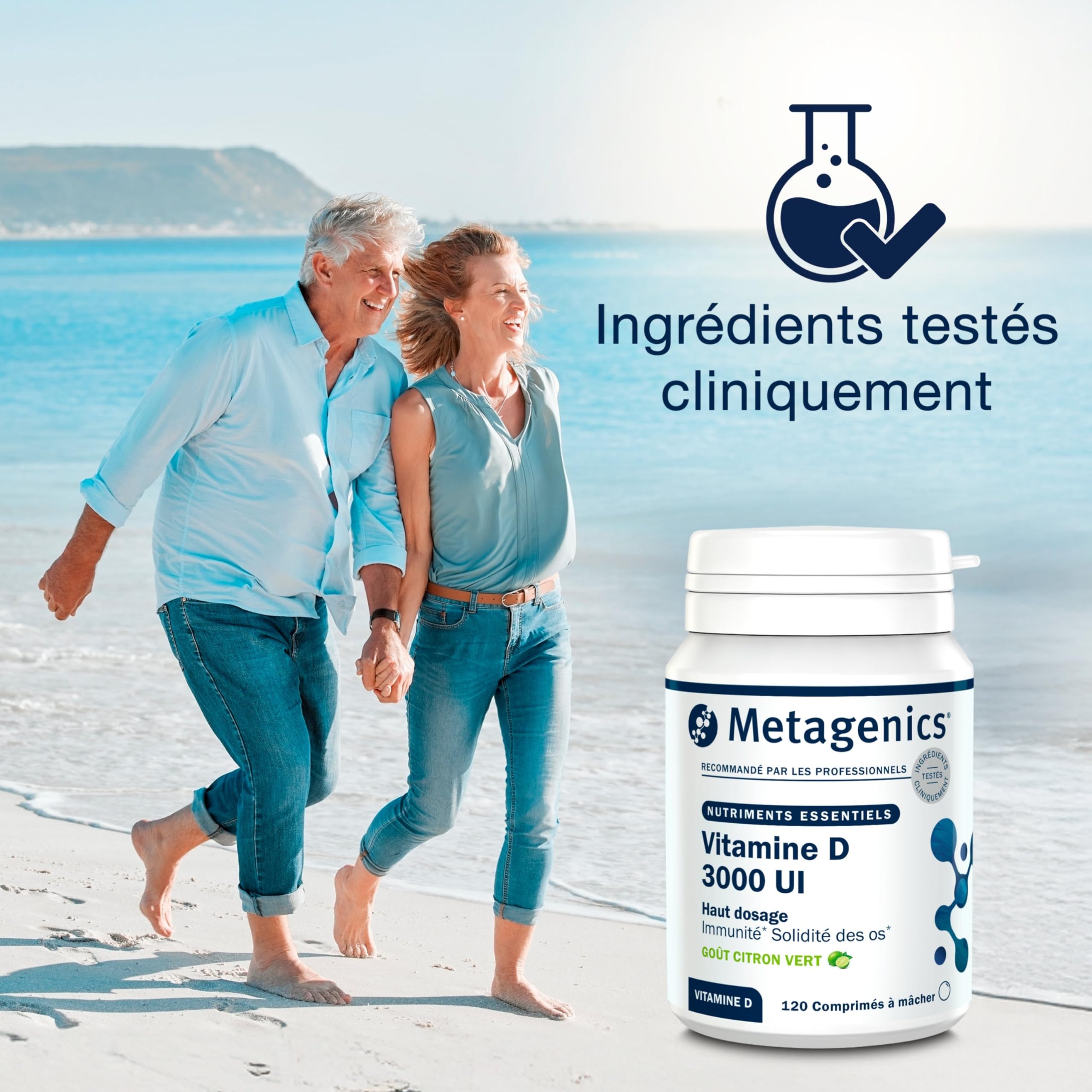 Metagenics Vitamine D3 3000 UI - Haute Dose 75 µg - Soutien Immunitaire & Santé des Os - Sans Gluten, Sans Lactose, Végétarien - 120 Comprimés à Mâcher Goût Citron Vert - 4 Mois