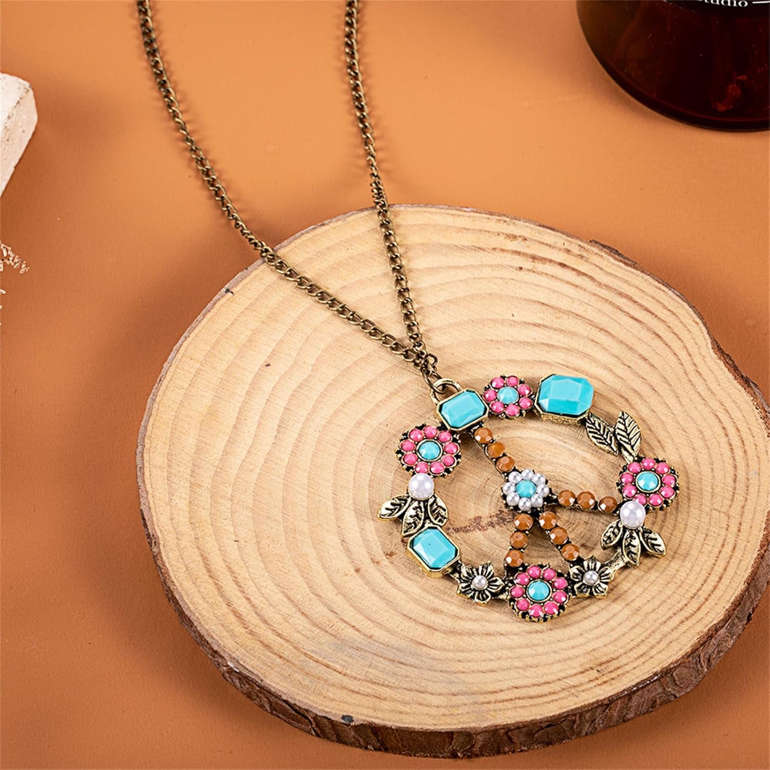 Bohemian Peace Sign Necklaces Handmade Vintage Colorful Hippie Flower Beads Turquoise Anti War Pendant Necklace Hippie Accessories Jewelry - Image 2