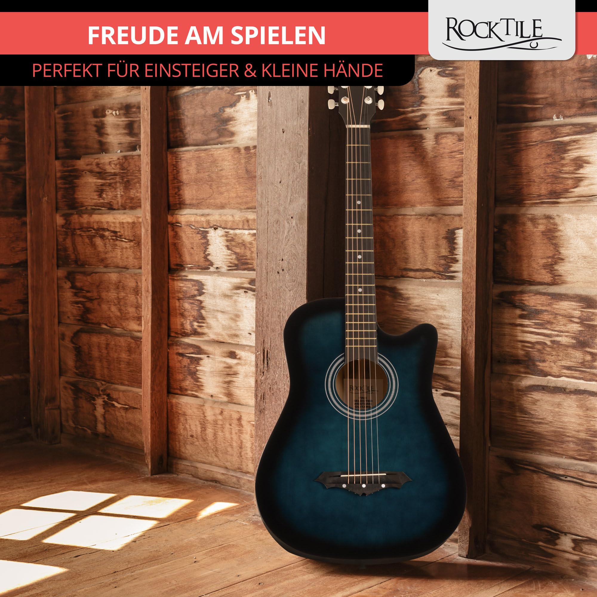 Rocktile WSD-5C-BUB Slim Line Set de Guitares Western - Guitare Acoustique Dreadnought - Corps en Tilleul - Manche : Catalpa - Set incluant housse, cordes de rechange, sangle et médiators - Blueburst