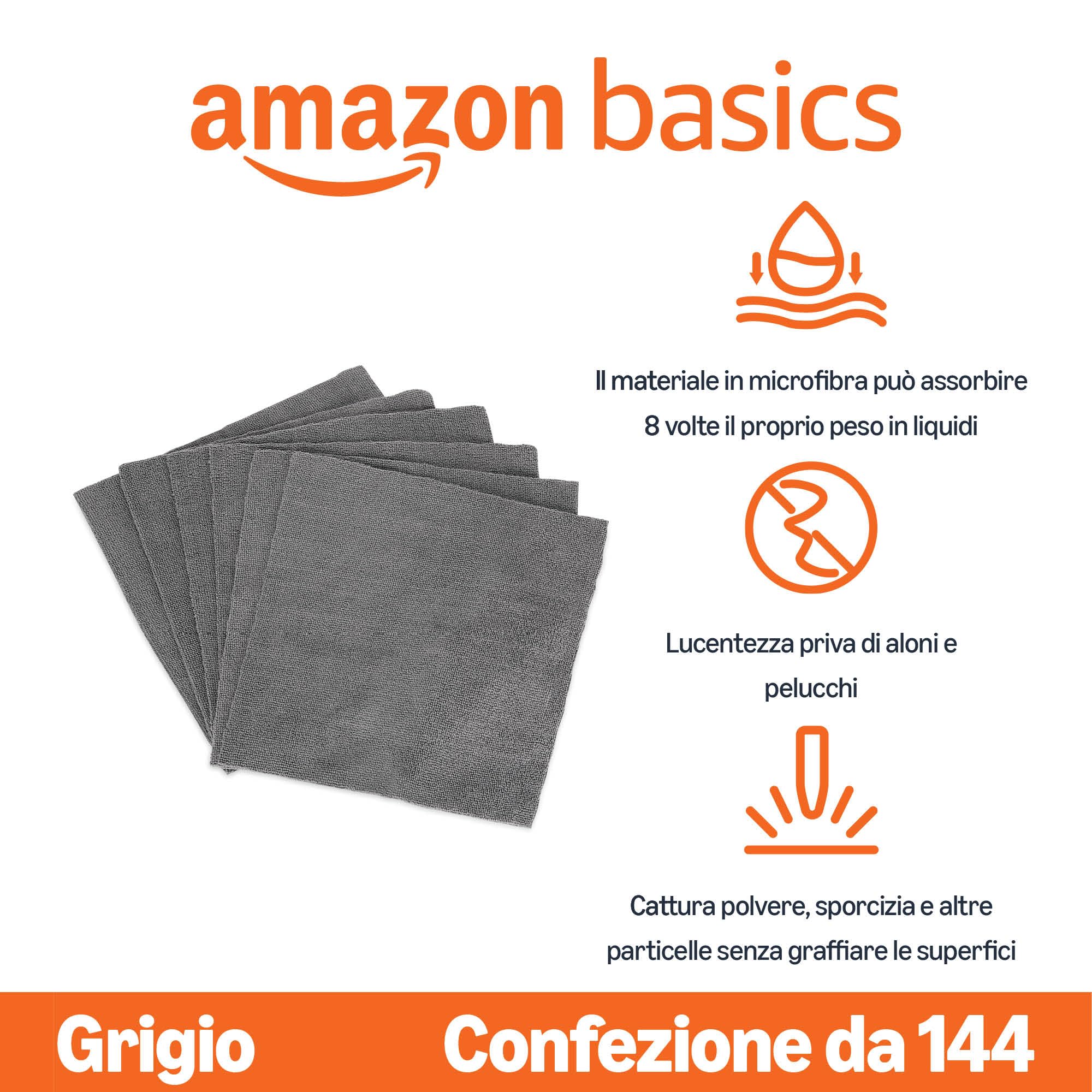 Amazon Basics - Panni per la Pulizia in Microfibra, 30.5cm x 30.5cm, Grigio, Confezione da 144, per Auto, Camion, Barche, Asciugatura Senza Aloni e Lucidatura