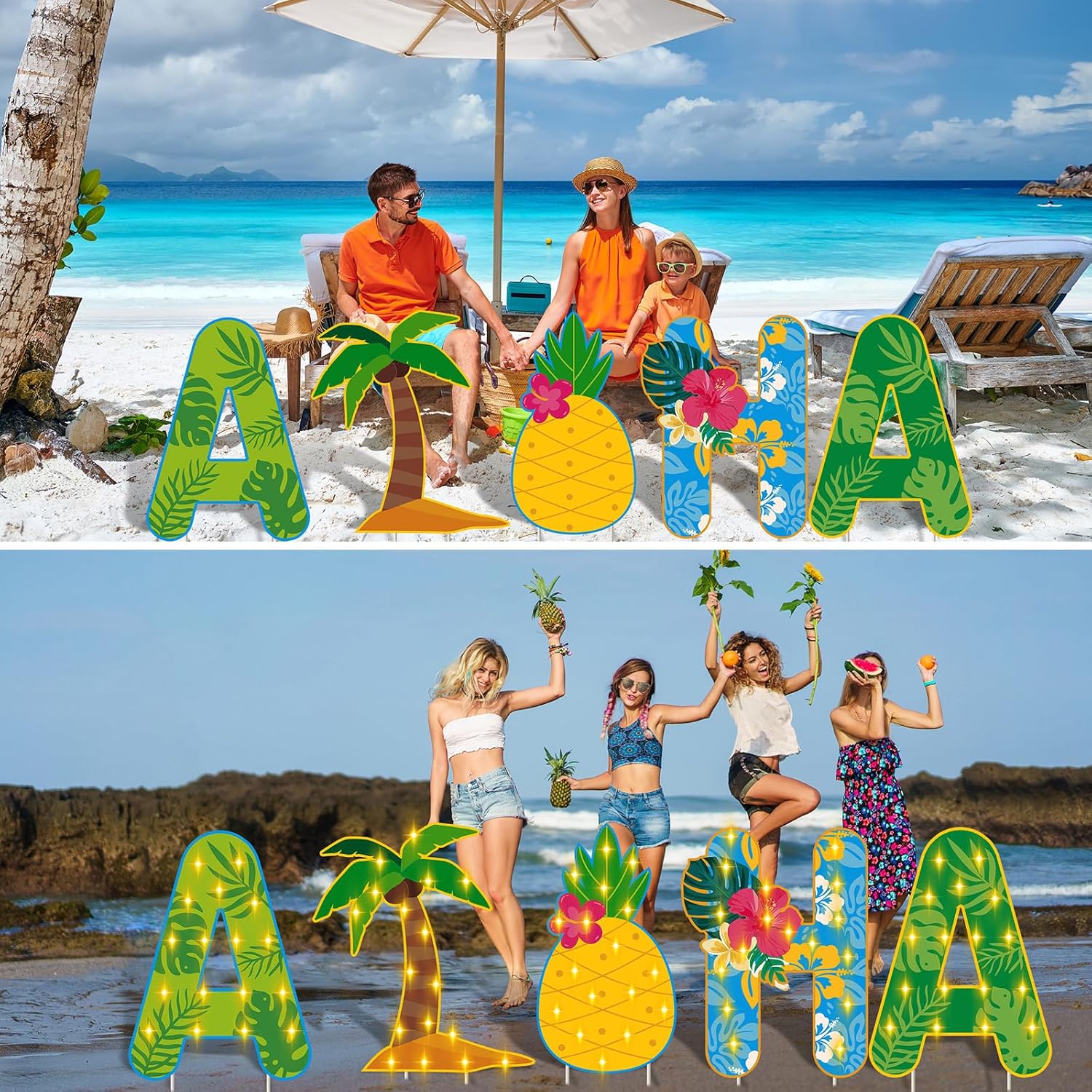 5 Pcs LED Aloha Yard Sign Aloha Surfboard Sign Tropical Summer Lawn Sign Light up Hawaiian Outdoor Decor Plastic Sign with Stakes for Summer Beach Garden Party Decor(Tropical)