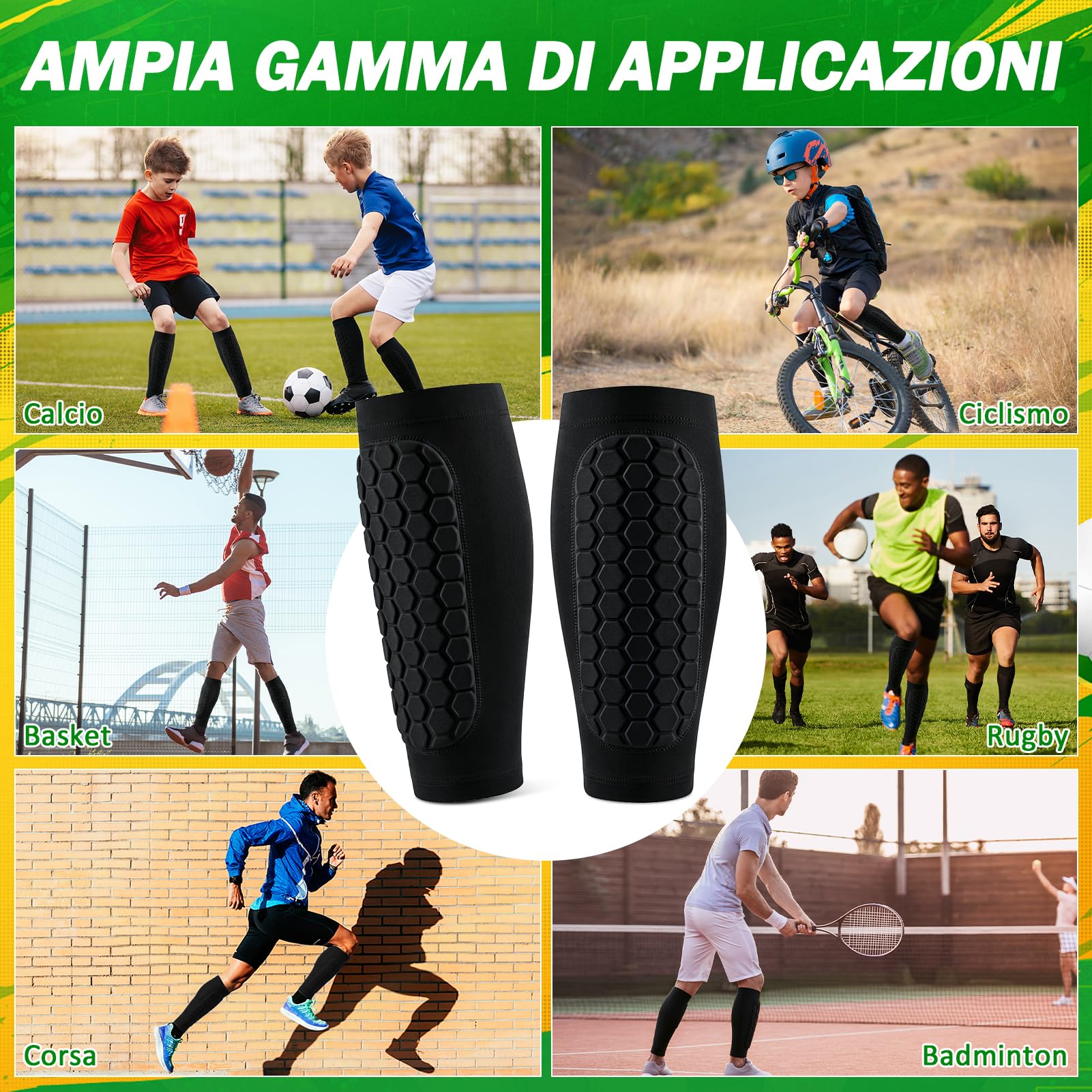 Kiiwah Parastinchi da Calcio 1 Paio Nero con Cuscinetti a Nido d'Ape e Imbottitura EVA – Traspiranti, Antiscivolo, Antishock Manica Protettiva per Polpacci adatti per Bambini, Gioventù e Adulti