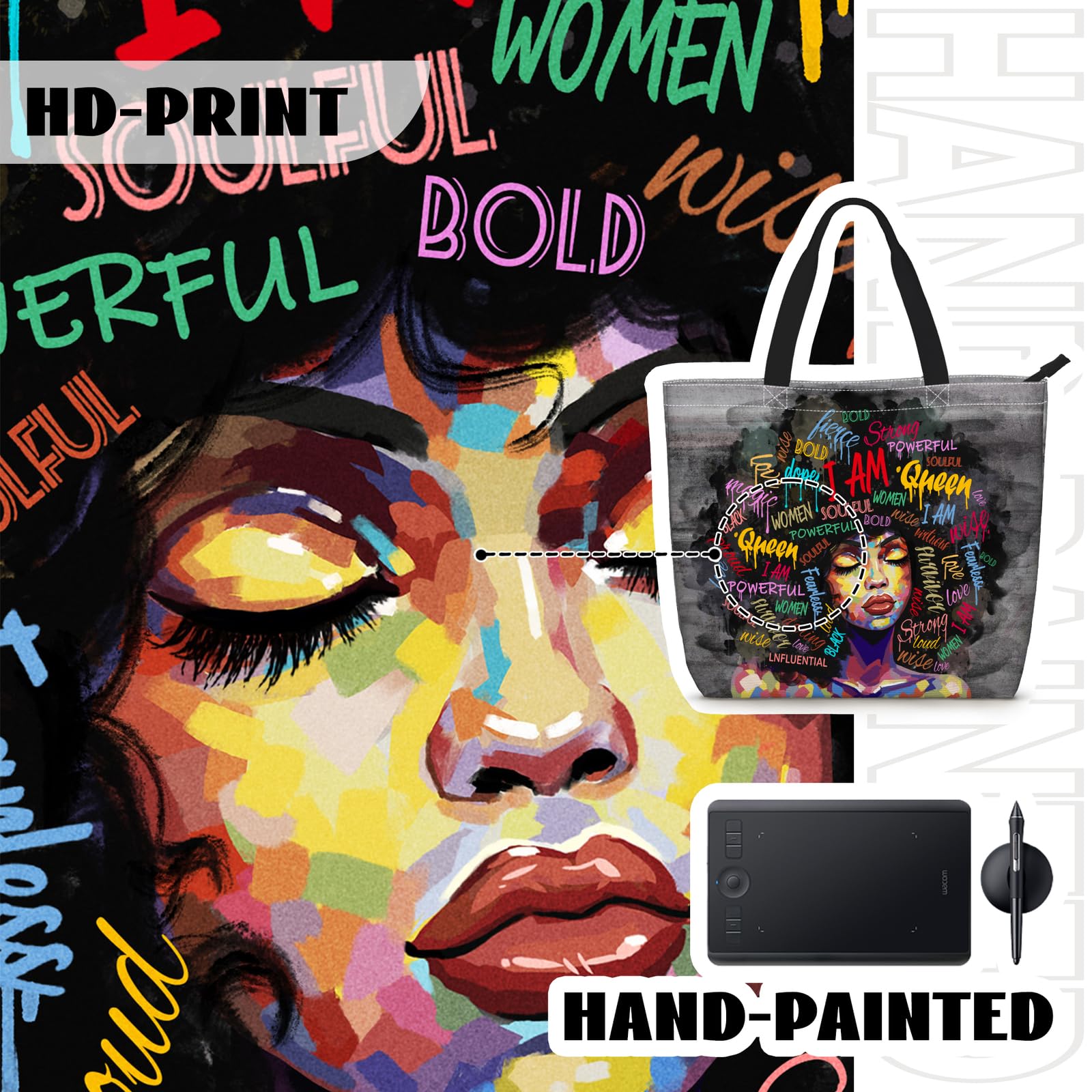 Bolso de hombro negro de las mujeres afroamericanas del bolso de mano para las mujeres Fit Work Beach Labtops con cremallera, Negro Mujer 5 2
