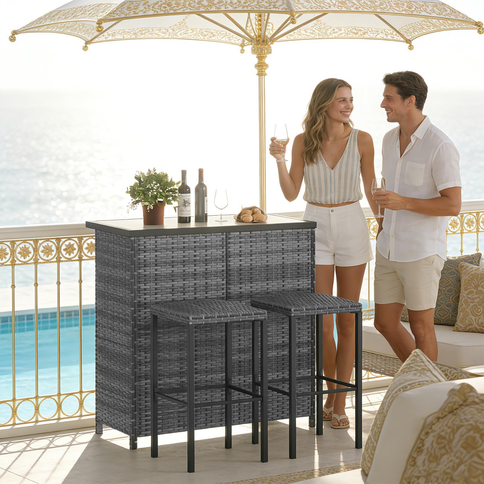 Tavolo alto e 2 sgabelli, mobile bar esterno giardino, salotto da giardino in resina intrecciata per terrazza, esterno, balcone