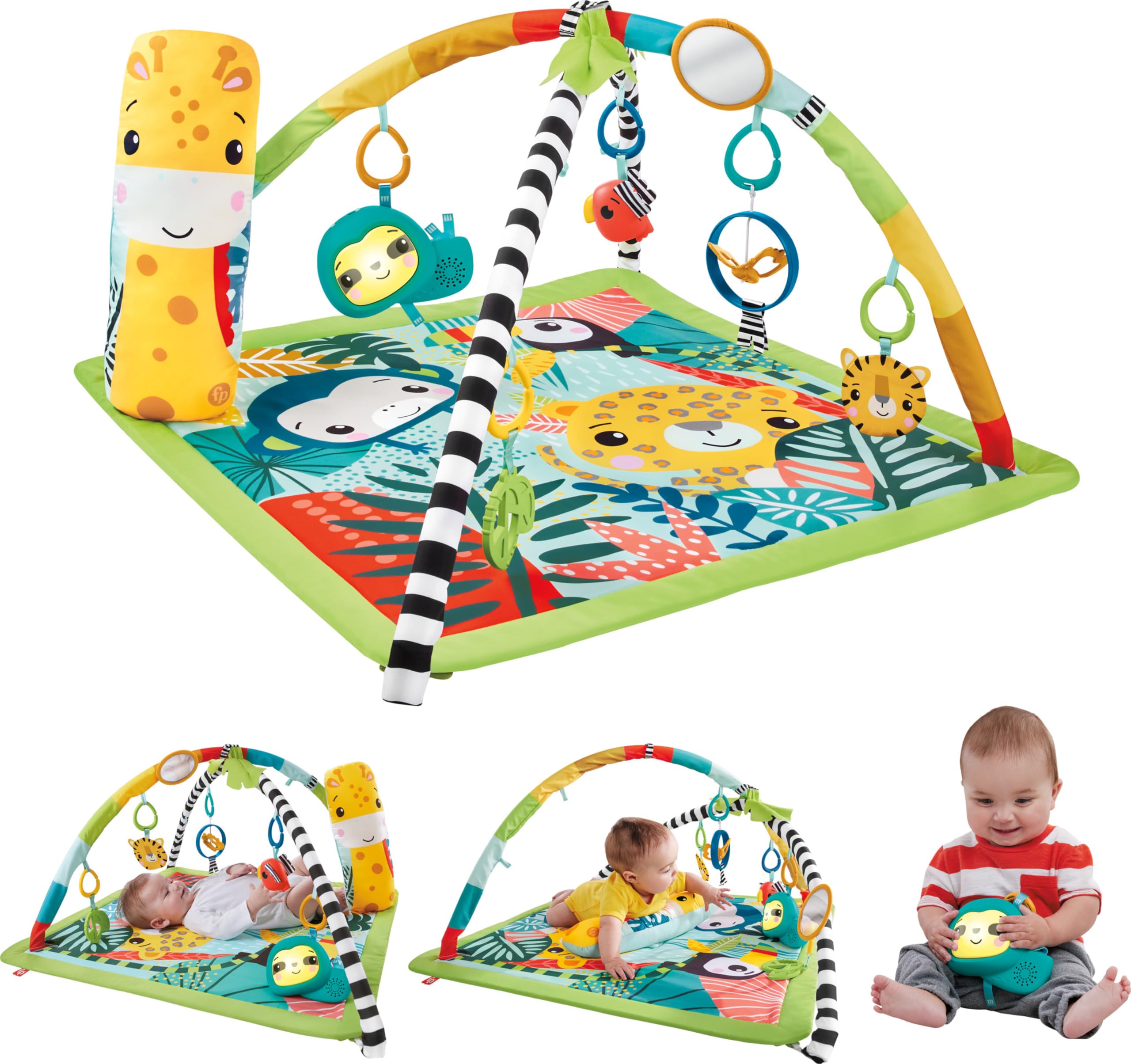 Fisher-Price3-in-1 Rainforest Spieldecke für Babys, Spielmatte und sensorische Spielzeuge für das Spielen in der Bauchlage, Regenwalddesign, ab der Geburt, HJW08