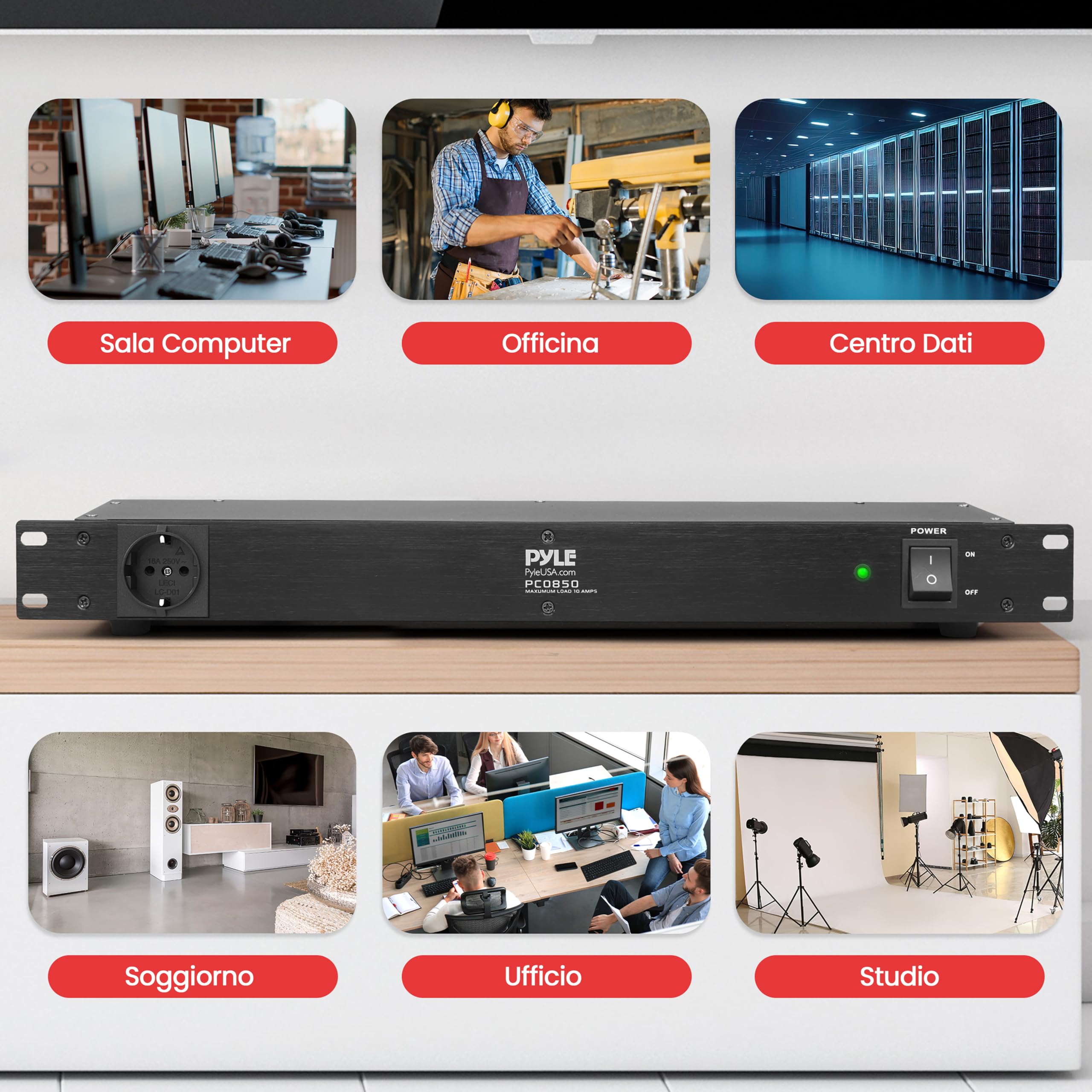 Pyle Multipresa PDU, Protezione Sovratensione, 150 Joule 15 A 7 Prese, Cavo Elettrico Robusto, 1U Rack Montaggio, Barra di Alimentazione con Filtro AC
