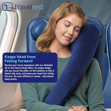 travelrest All-in-One Travel Neck Support & Body Pillow - Airplane Pillow for Long Flight Comfort, Travel Essentials, Sleeping Accessories, Memory Foam, Headrest Support Seat for Car (Blue)