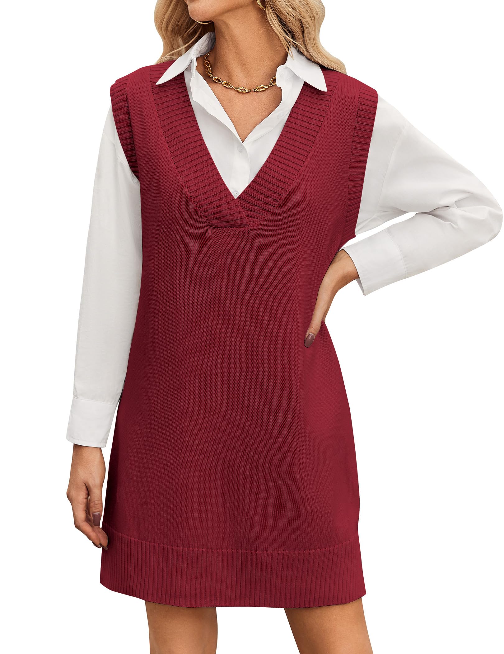 Zeagoo Strickkleid Damen Ärmellos V-Ausschnitt Pullunderkleid Strick Weste Kleid über Bluse Elegant Herbst Winter Outfit Weiches Pulloverkleid Modisches Layering Kleider