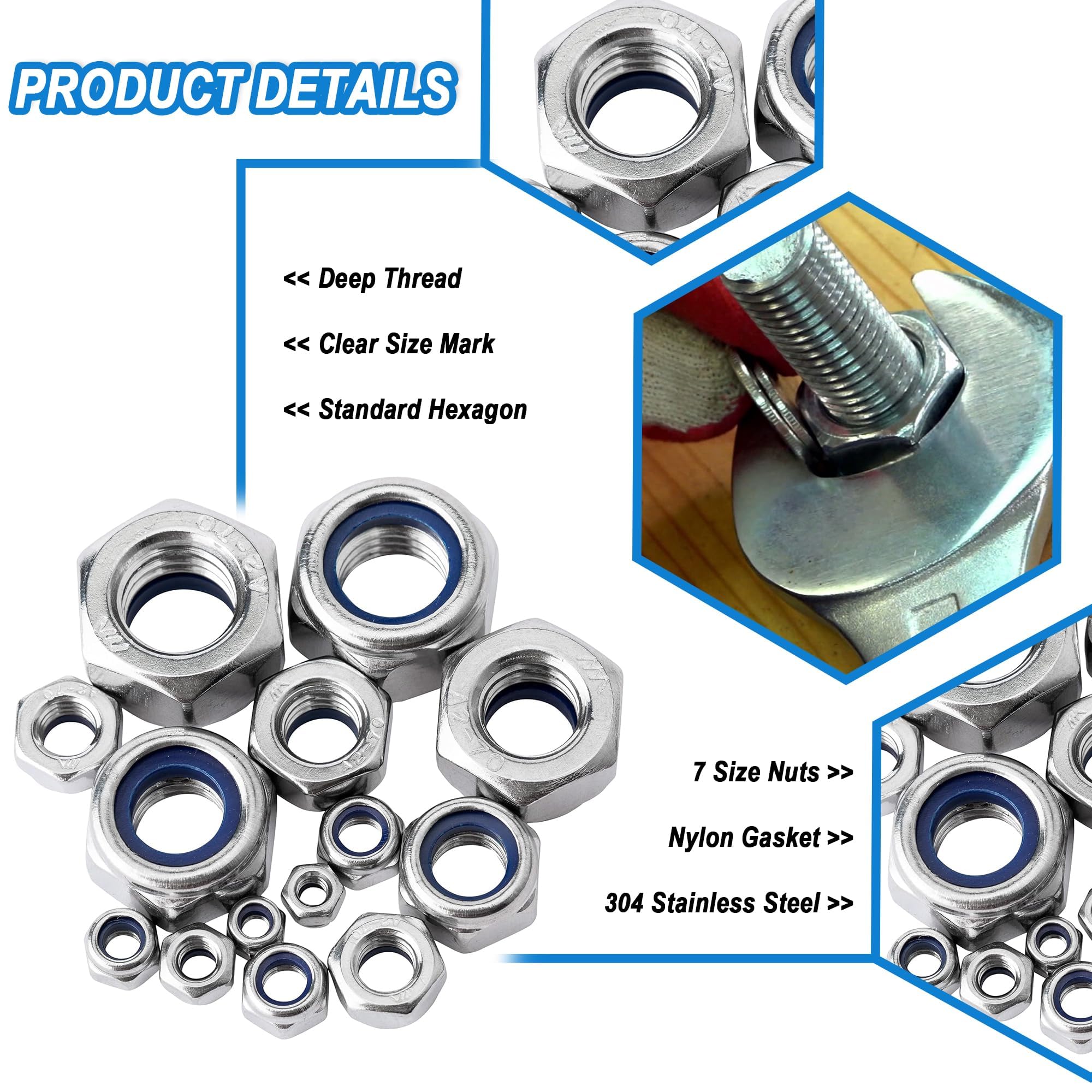 TA-VIGOR 180Pcs Nylon Hex Lock Nuts Assortment Kit, M3 M4 M5 M6 M8 M10 M12 Stainless Steel Nylon Insert Self-locking Nuts - Image 4