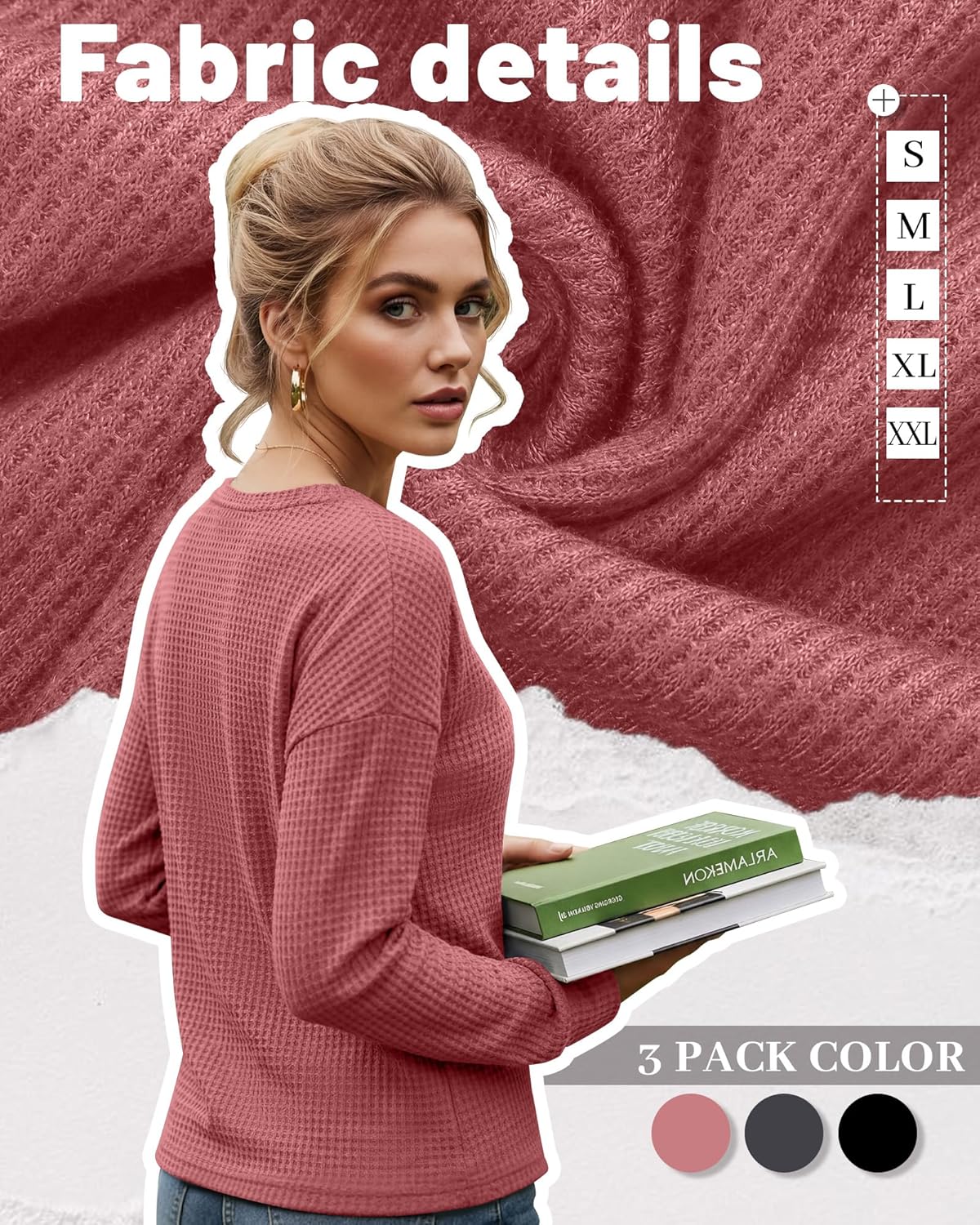 3 Pack Women's Waffle Knit Long Sleeve Shirts, Crew Neck Slim Fit Thermal Tops Casual Stretch Basic Pullover - Image 2