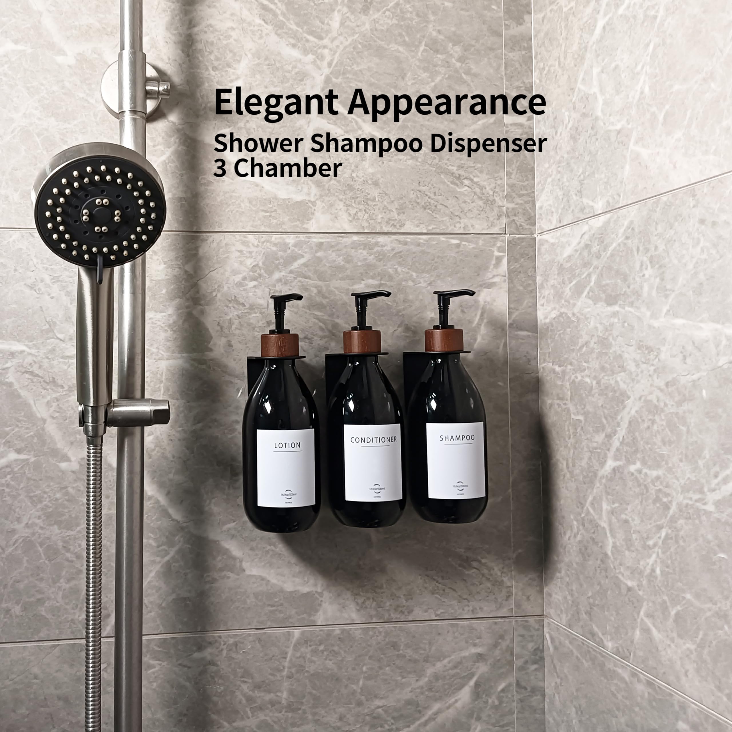 Dispenser per shampoo e balsamo, dispenser per shampoo per parete doccia con 16 etichette impermeabili, dispenser per doccia a 3 camere senza trapano, dispenser di sapone da doccia a parete per