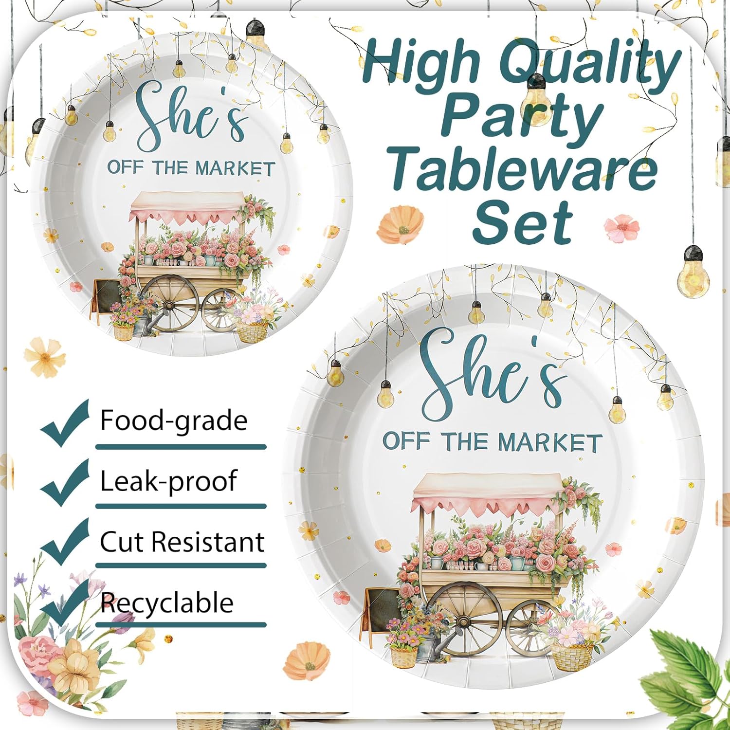 Zhehao 200 Pcs She's off the Market Bridal Shower Plates Napkins Sets Bridal Shower Decoration Wedding Decorations Wedding Paper Plates Engagement Bachelorette Supplies, Serve 50